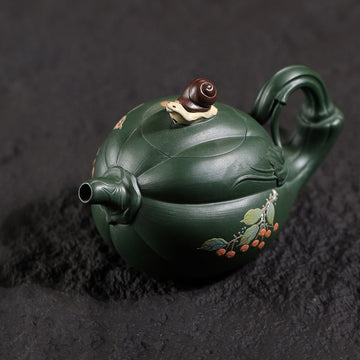  pumpkin shape & Hand-Painted Peony & Bird Design Handcrafted Dark Green Clay Yixing teapot