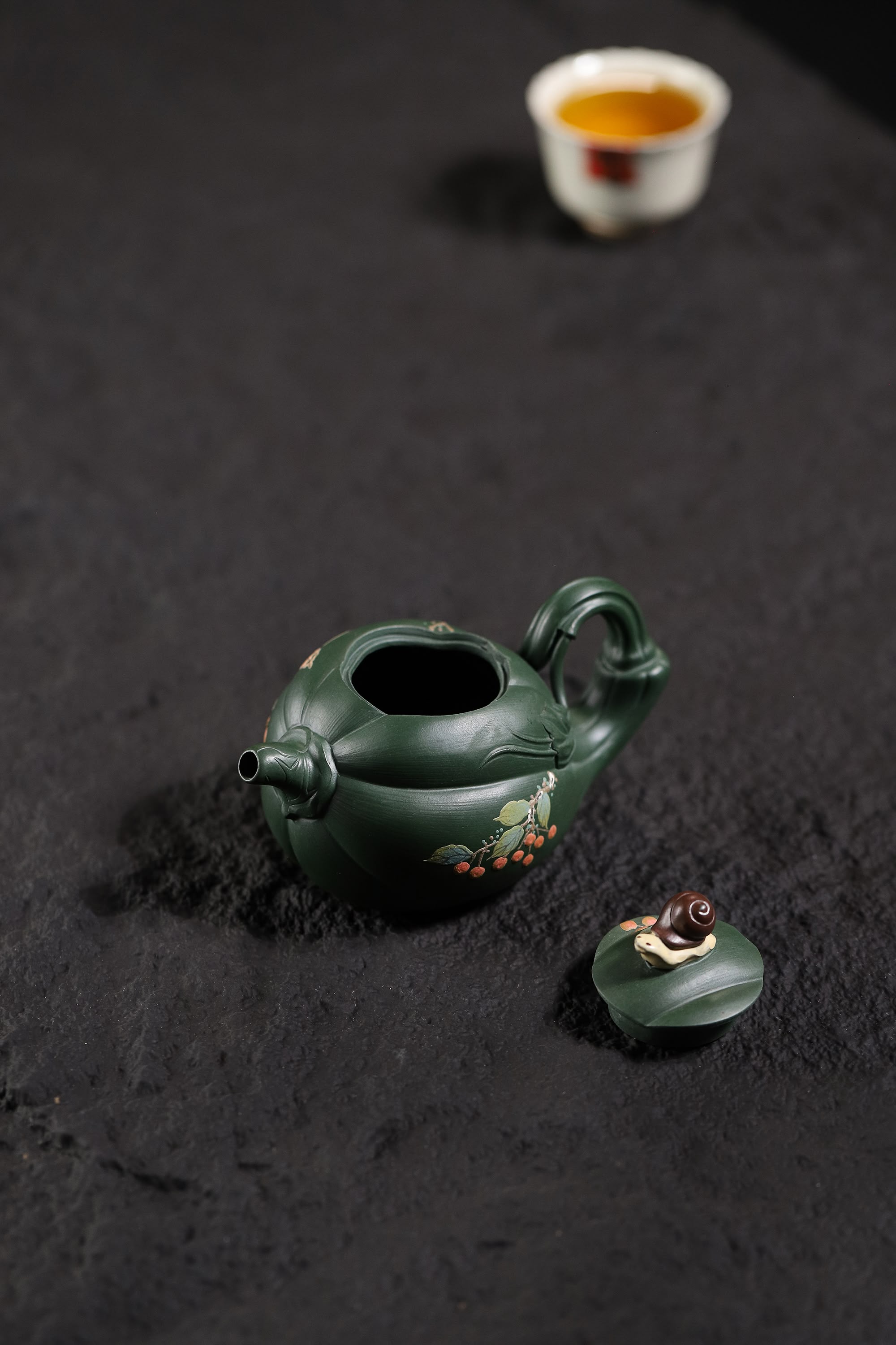  pumpkin shape & Hand-Painted Peony & Bird Design Handcrafted Dark Green Clay Yixing teapot