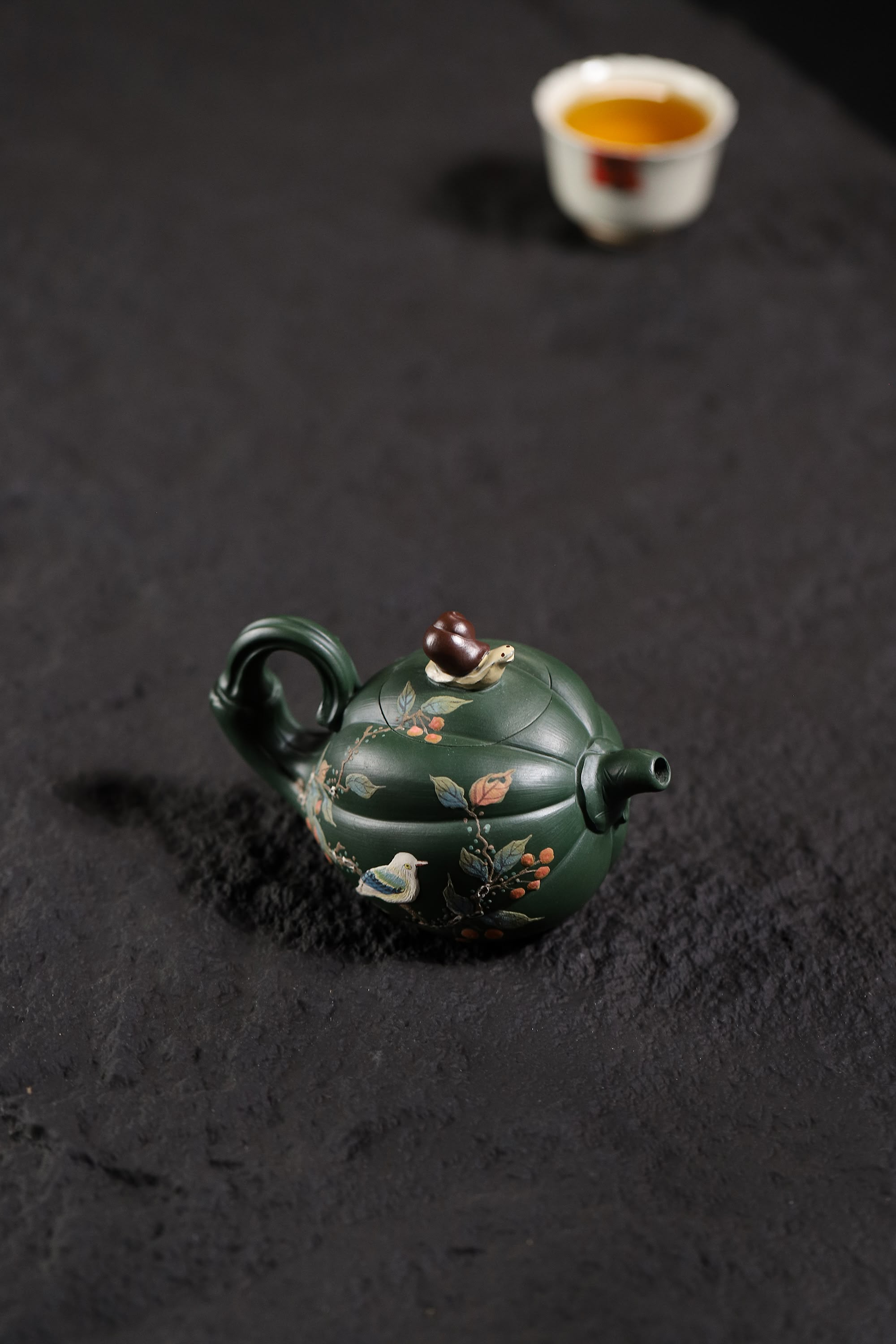  pumpkin shape & Hand-Painted Peony & Bird Design Handcrafted Dark Green Clay Yixing teapot