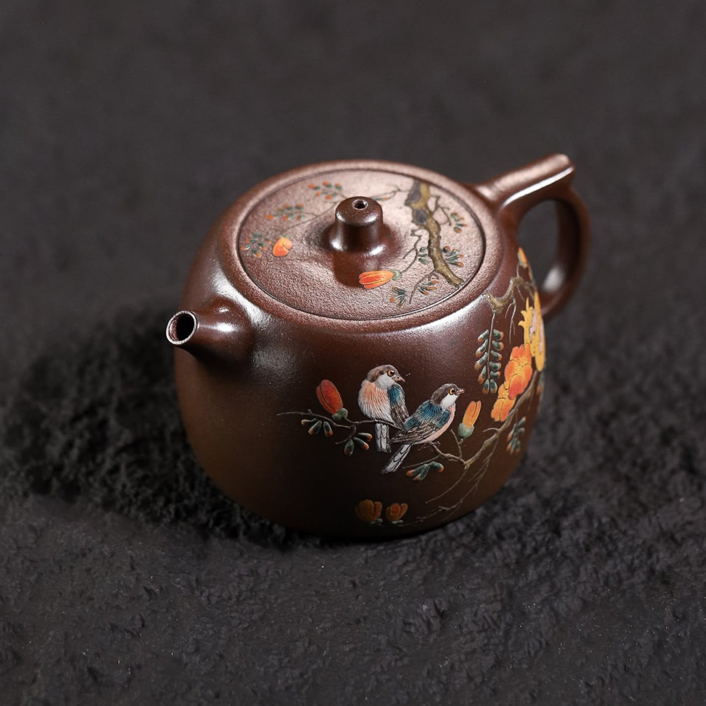 Well Curb Shape & Hand-Painted Peony & Bird Design Handcrafted TianQing Clay Wood-Fired Yixing Teapot