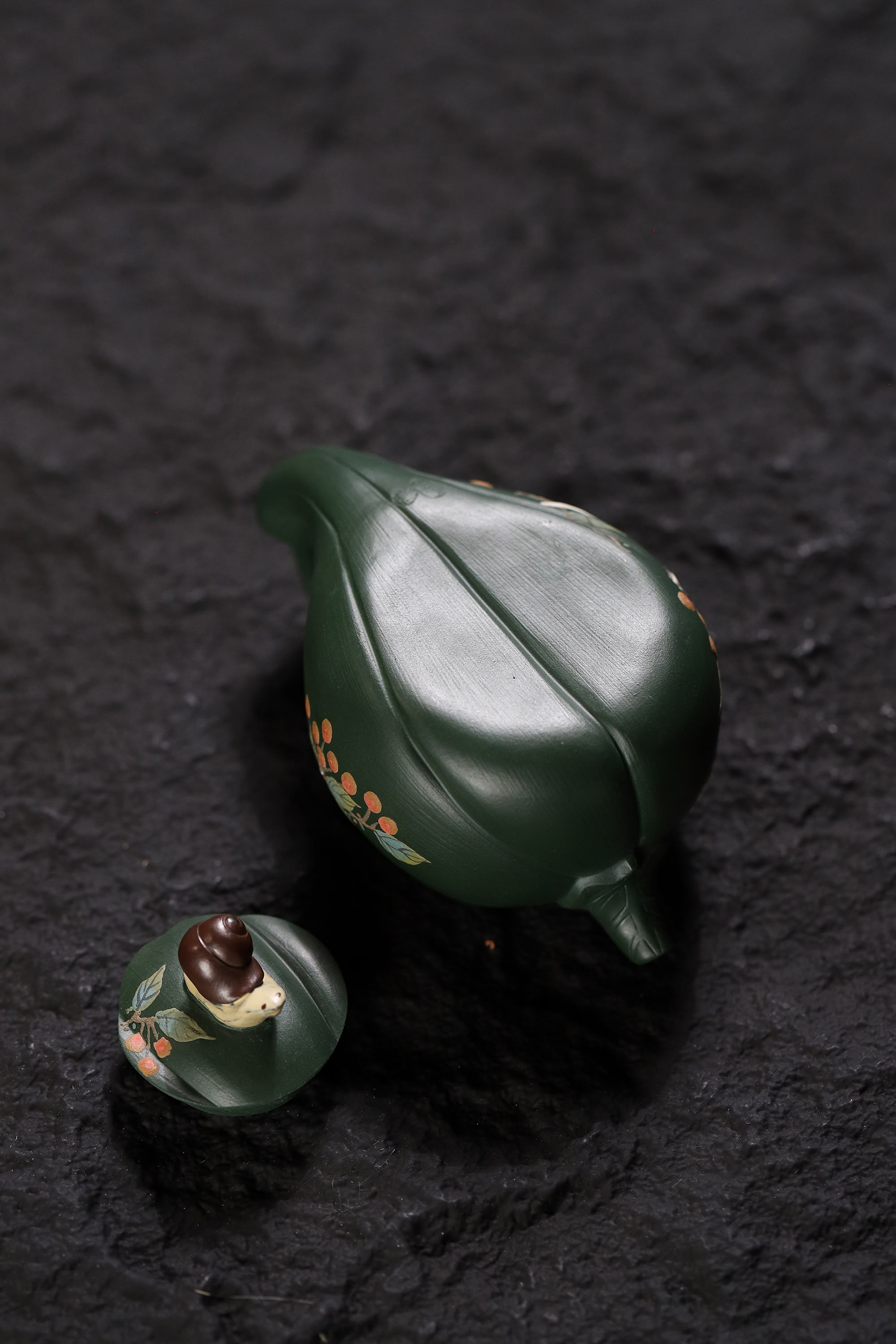  pumpkin shape & Hand-Painted Peony & Bird Design Handcrafted Dark Green Clay Yixing teapot
