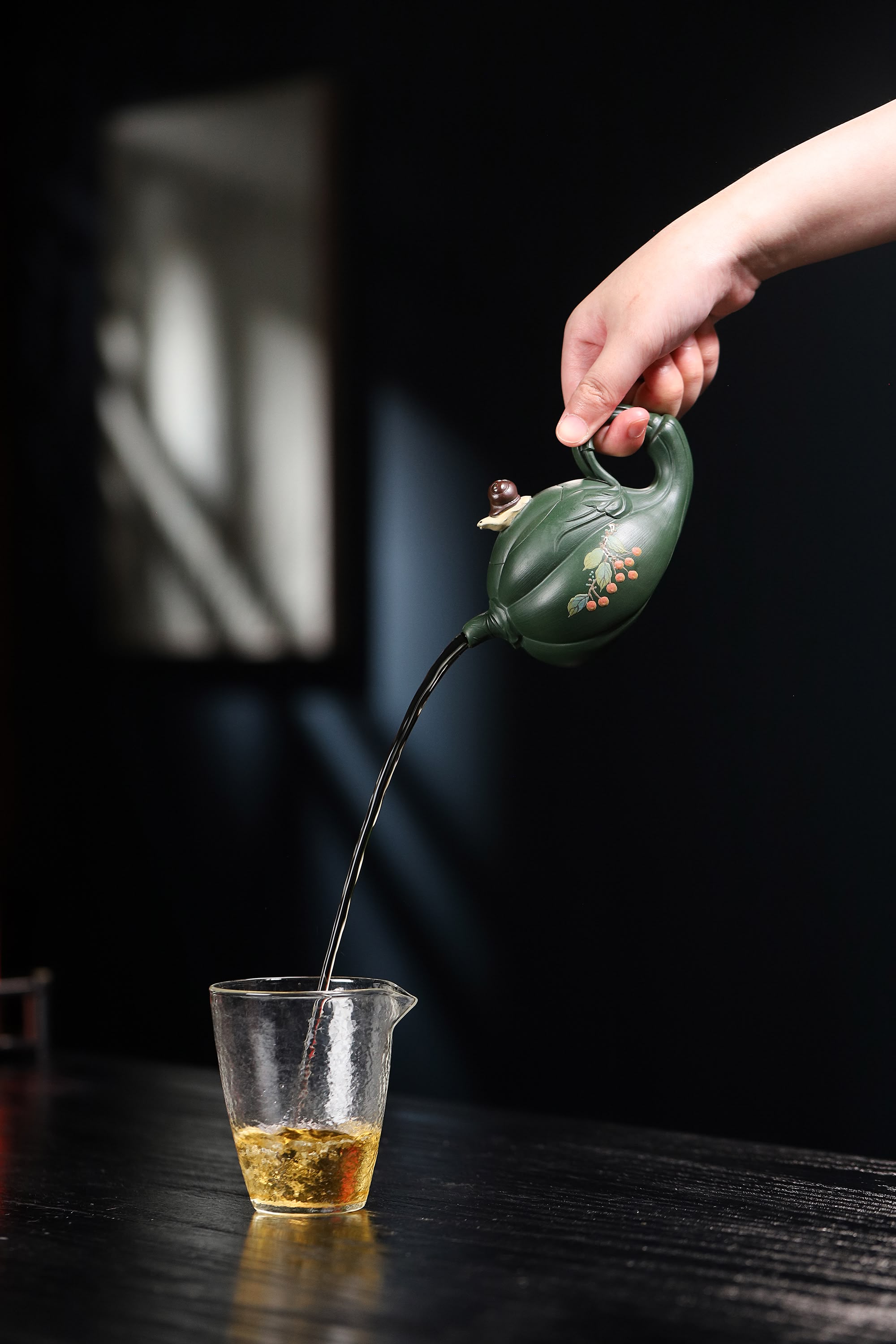  pumpkin shape & Hand-Painted Peony & Bird Design Handcrafted Dark Green Clay Yixing teapot