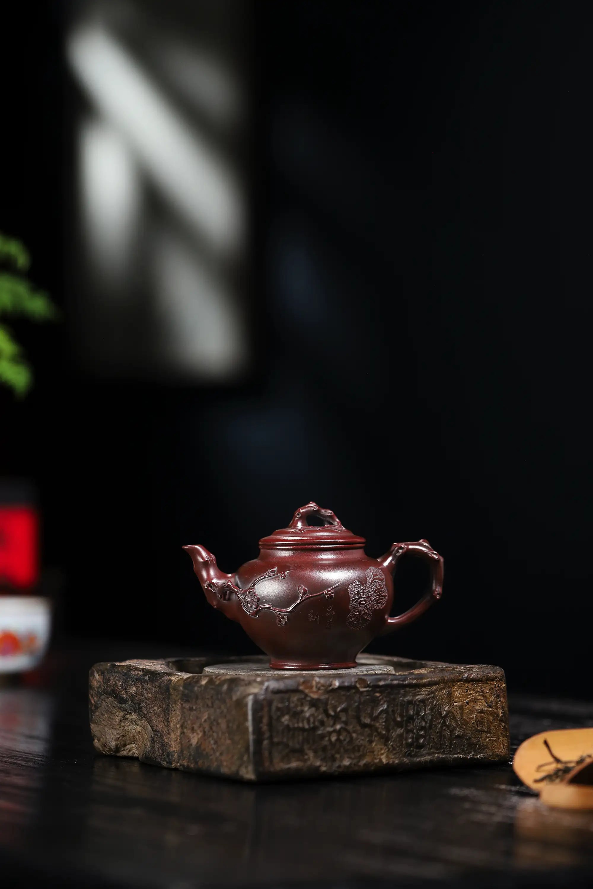 Landscape Carving & 'Highest Goodness' Inscription Fully Handmade Zijinsha-Purple Clay 'Plum Herald Spring' Yixing Teapot