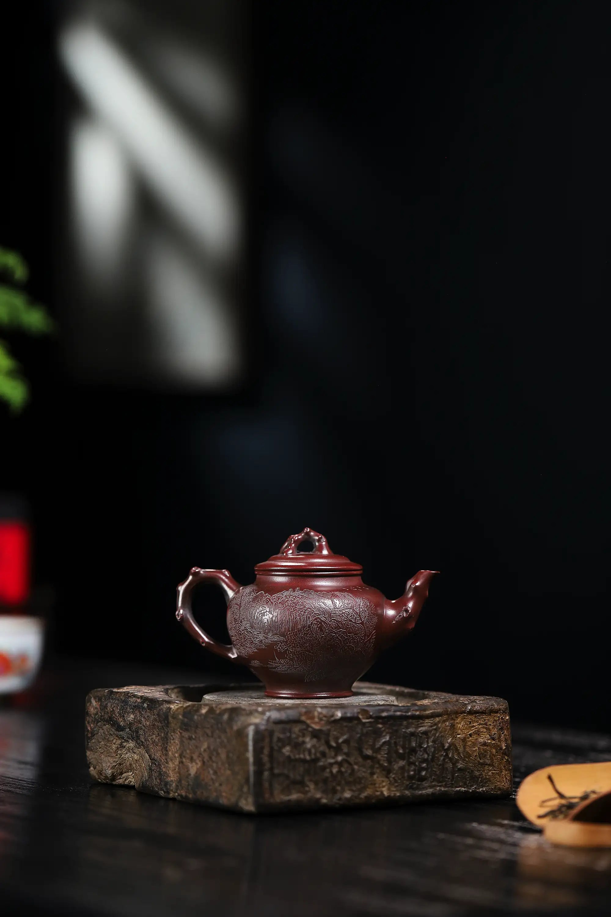 Landscape Carving & 'Highest Goodness' Inscription Fully Handmade Zijinsha-Purple Clay 'Plum Herald Spring' Yixing Teapot