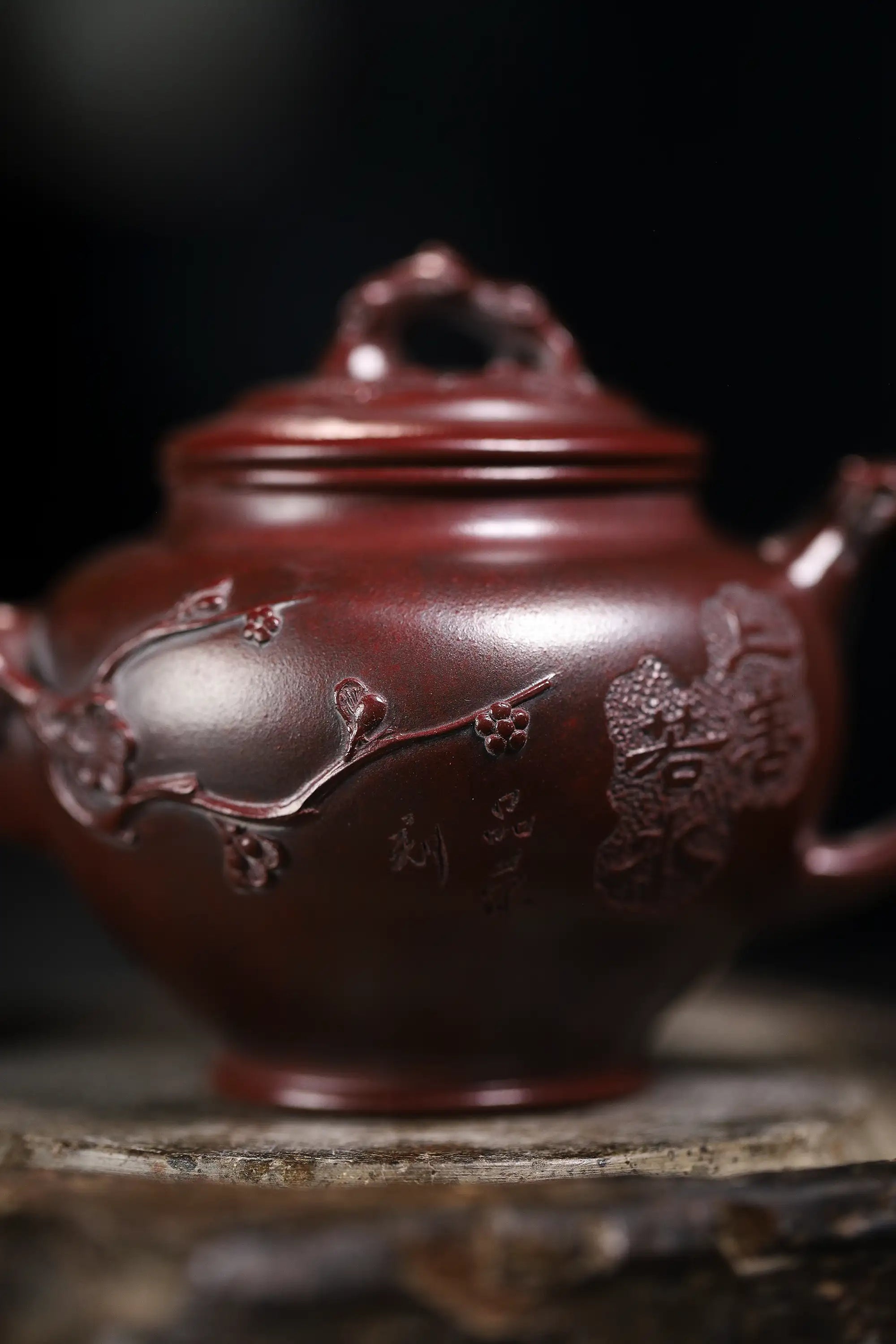 Landscape Carving & 'Highest Goodness' Inscription Fully Handmade Zijinsha-Purple Clay 'Plum Herald Spring' Yixing Teapot