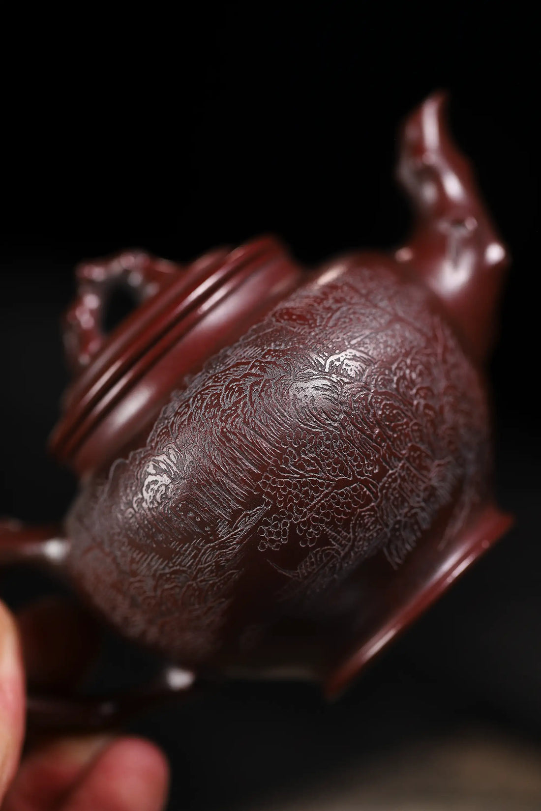 Landscape Carving & 'Highest Goodness' Inscription Fully Handmade Zijinsha-Purple Clay 'Plum Herald Spring' Yixing Teapot