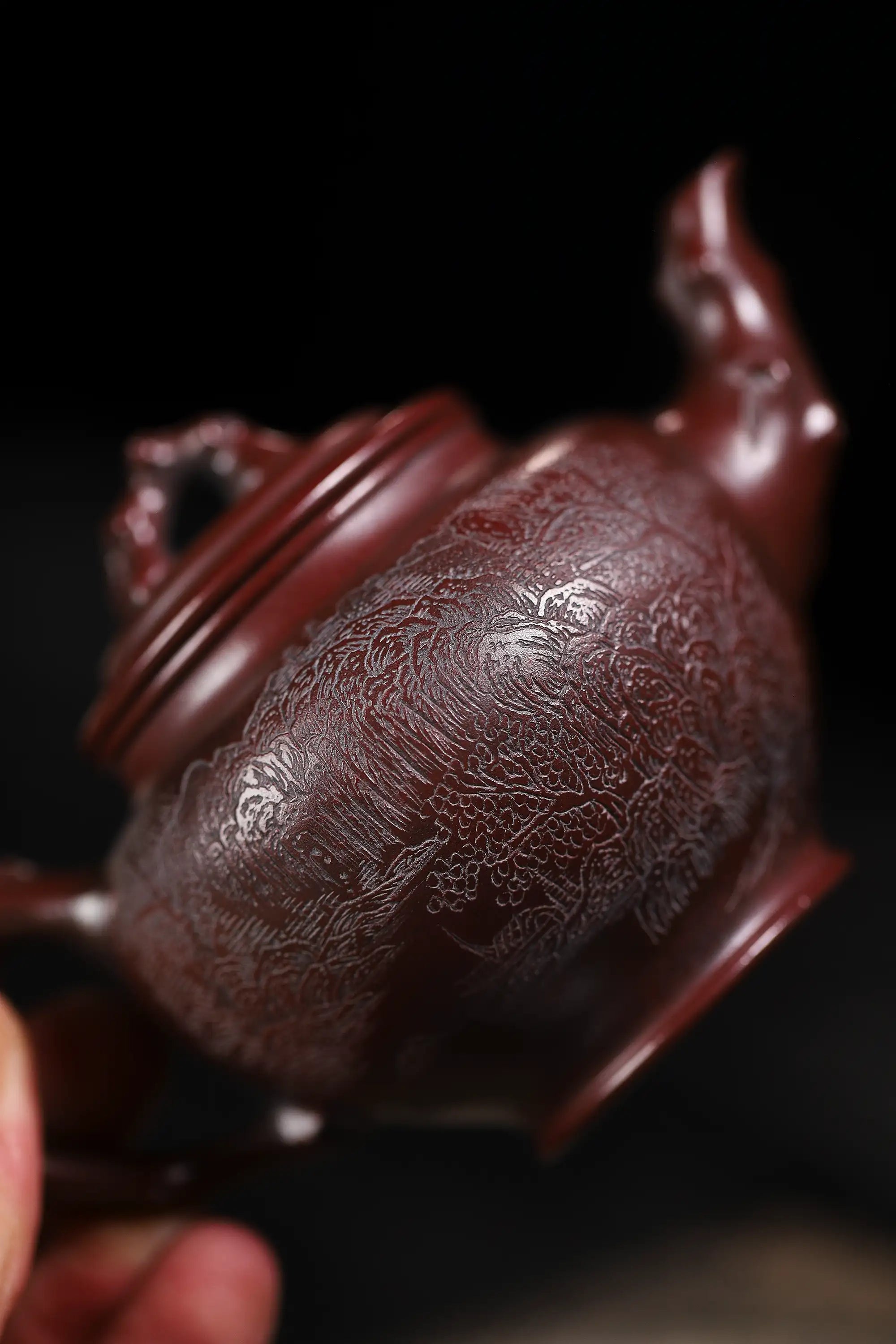 Landscape Carving & 'Highest Goodness' Inscription Fully Handmade Zijinsha-Purple Clay 'Plum Herald Spring' Yixing Teapot