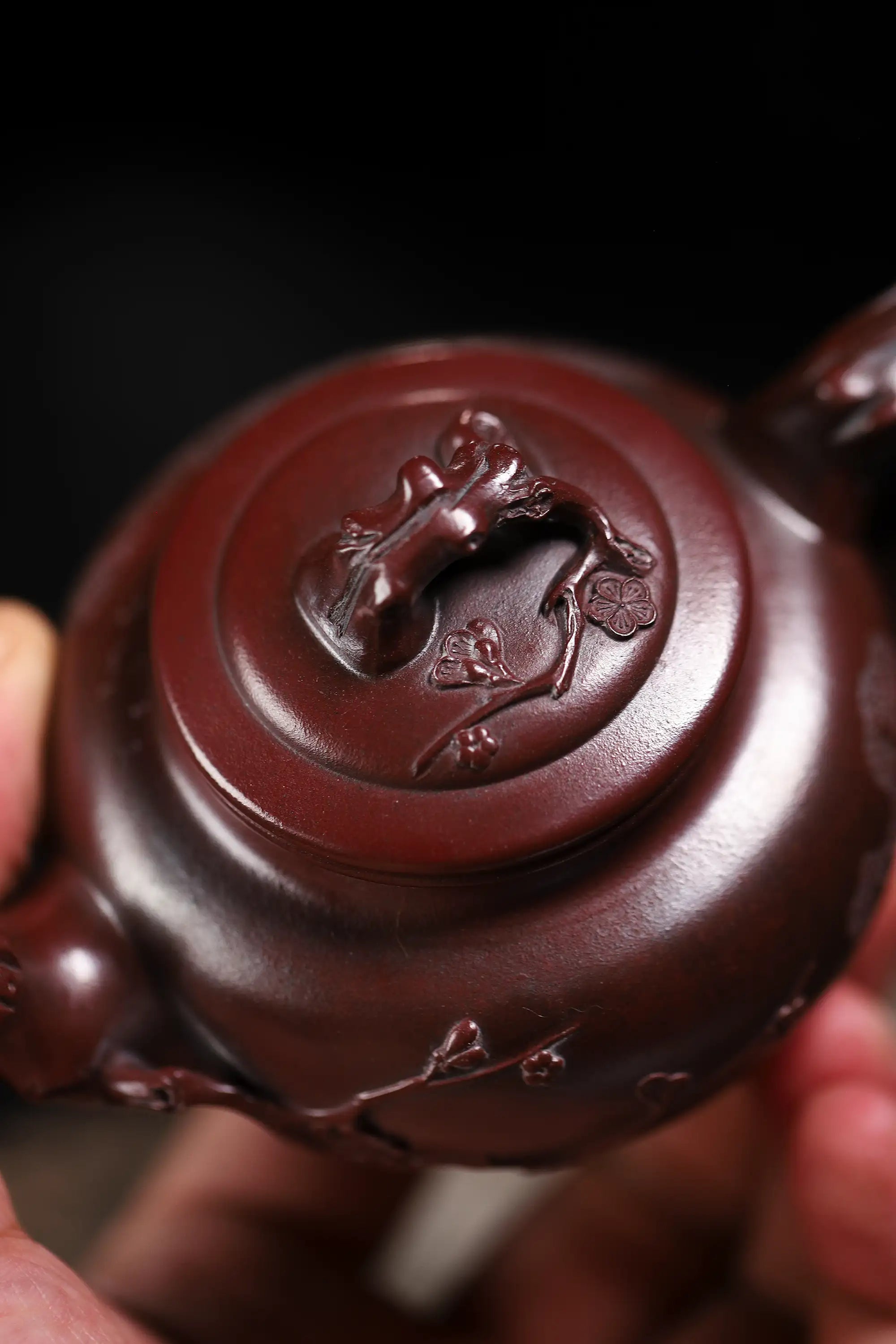 Landscape Carving & 'Highest Goodness' Inscription Fully Handmade Zijinsha-Purple Clay 'Plum Herald Spring' Yixing Teapot