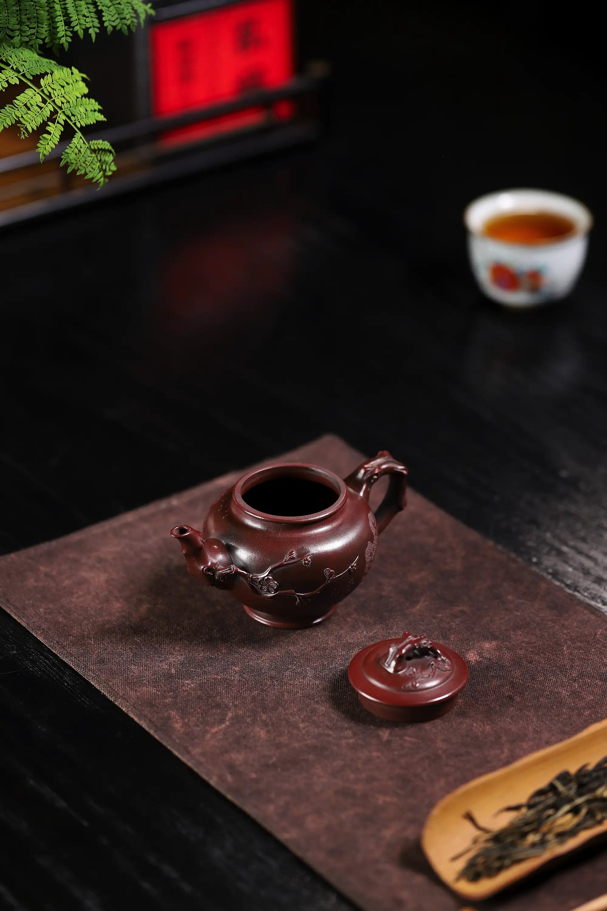 Landscape Carving & 'Highest Goodness' Inscription Fully Handmade Zijinsha-Purple Clay 'Plum Herald Spring' Yixing Teapot