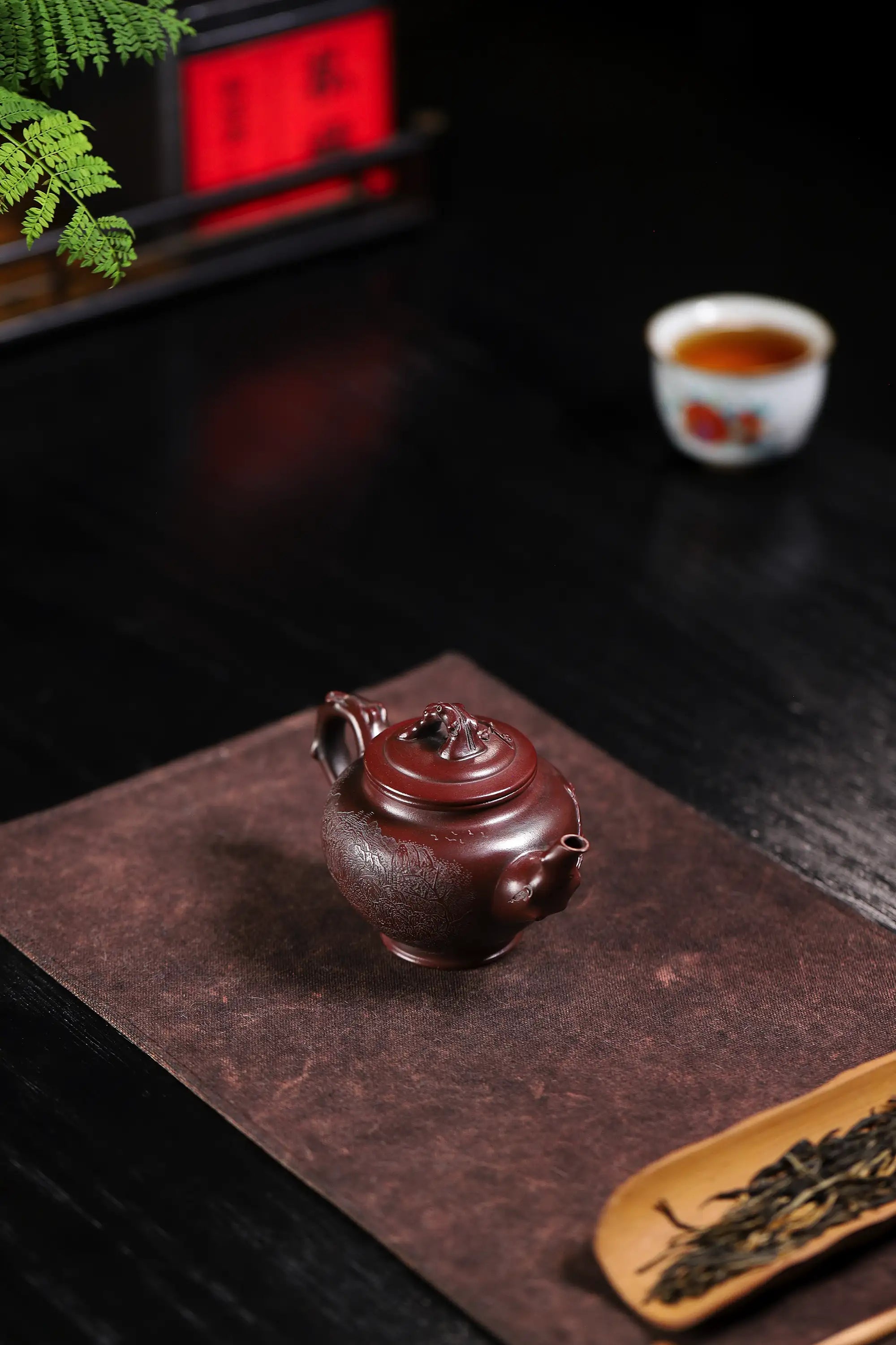 Landscape Carving & 'Highest Goodness' Inscription Fully Handmade Zijinsha-Purple Clay 'Plum Herald Spring' Yixing Teapot