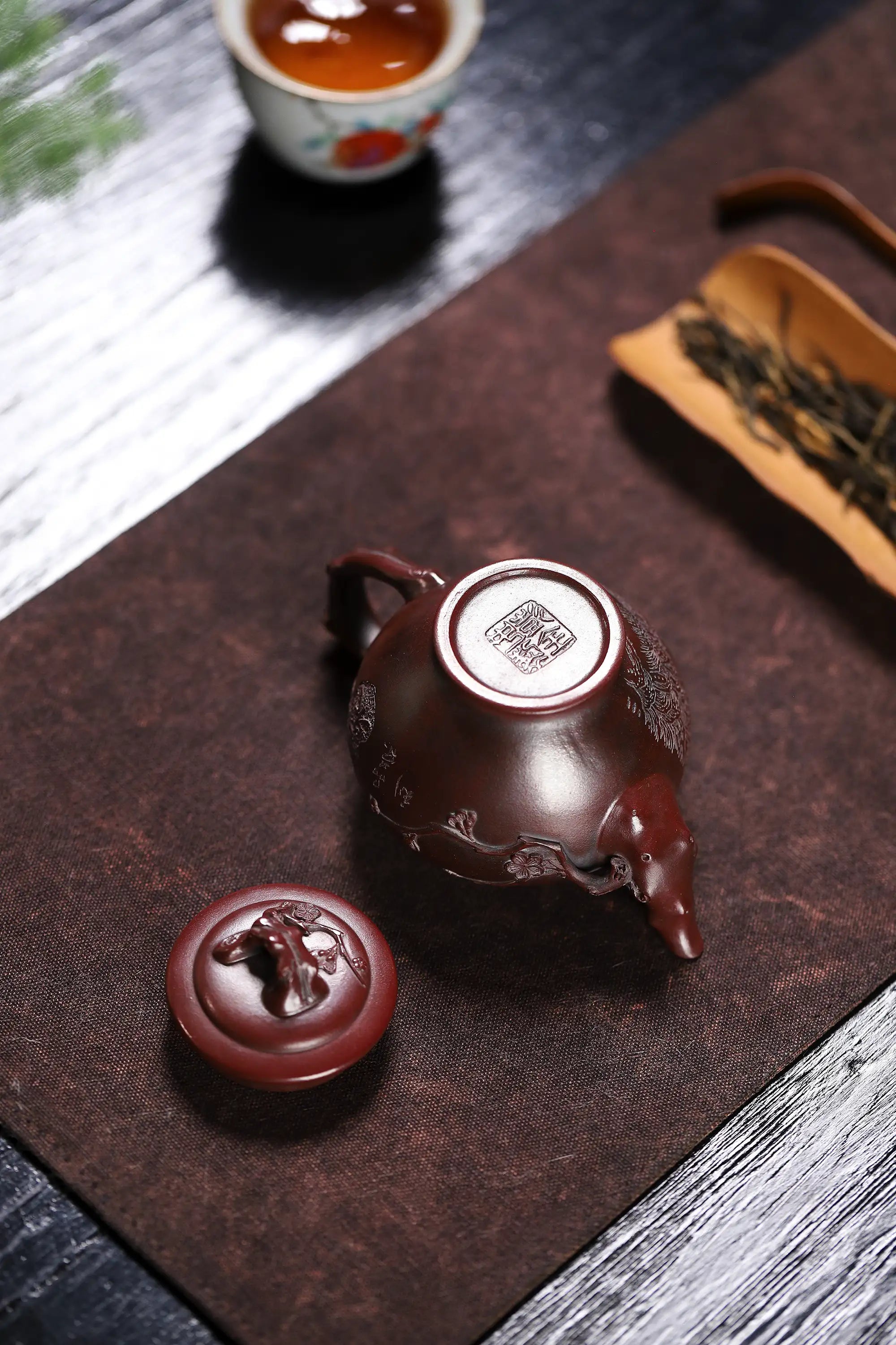 Landscape Carving & 'Highest Goodness' Inscription Fully Handmade Zijinsha-Purple Clay 'Plum Herald Spring' Yixing Teapot