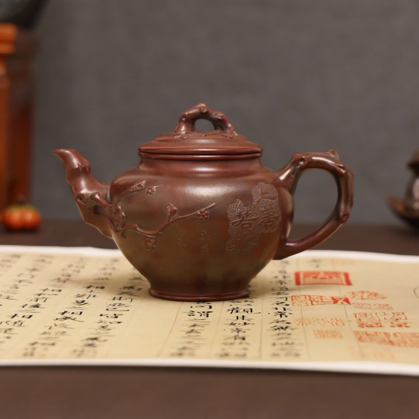Landscape Carving & 'Highest Goodness' Inscription Fully Handmade Zijinsha-Purple Clay 'Plum Herald Spring' Yixing Teapot