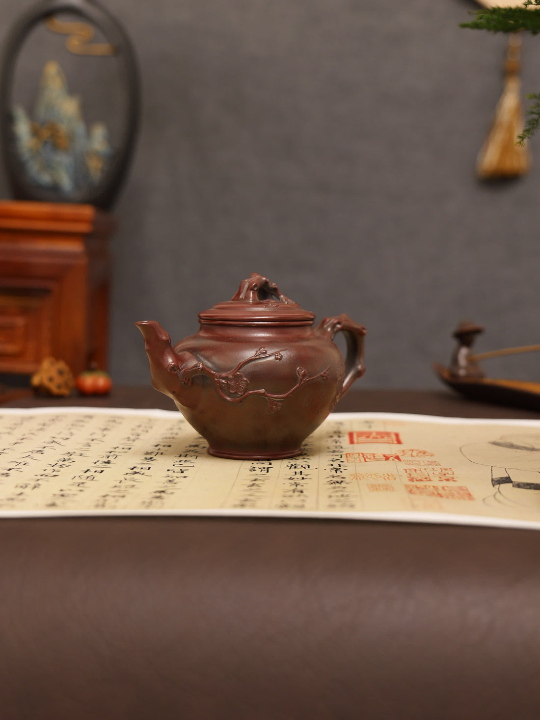 Landscape Carving & 'Highest Goodness' Inscription Fully Handmade Zijinsha-Purple Clay 'Plum Herald Spring' Yixing Teapot
