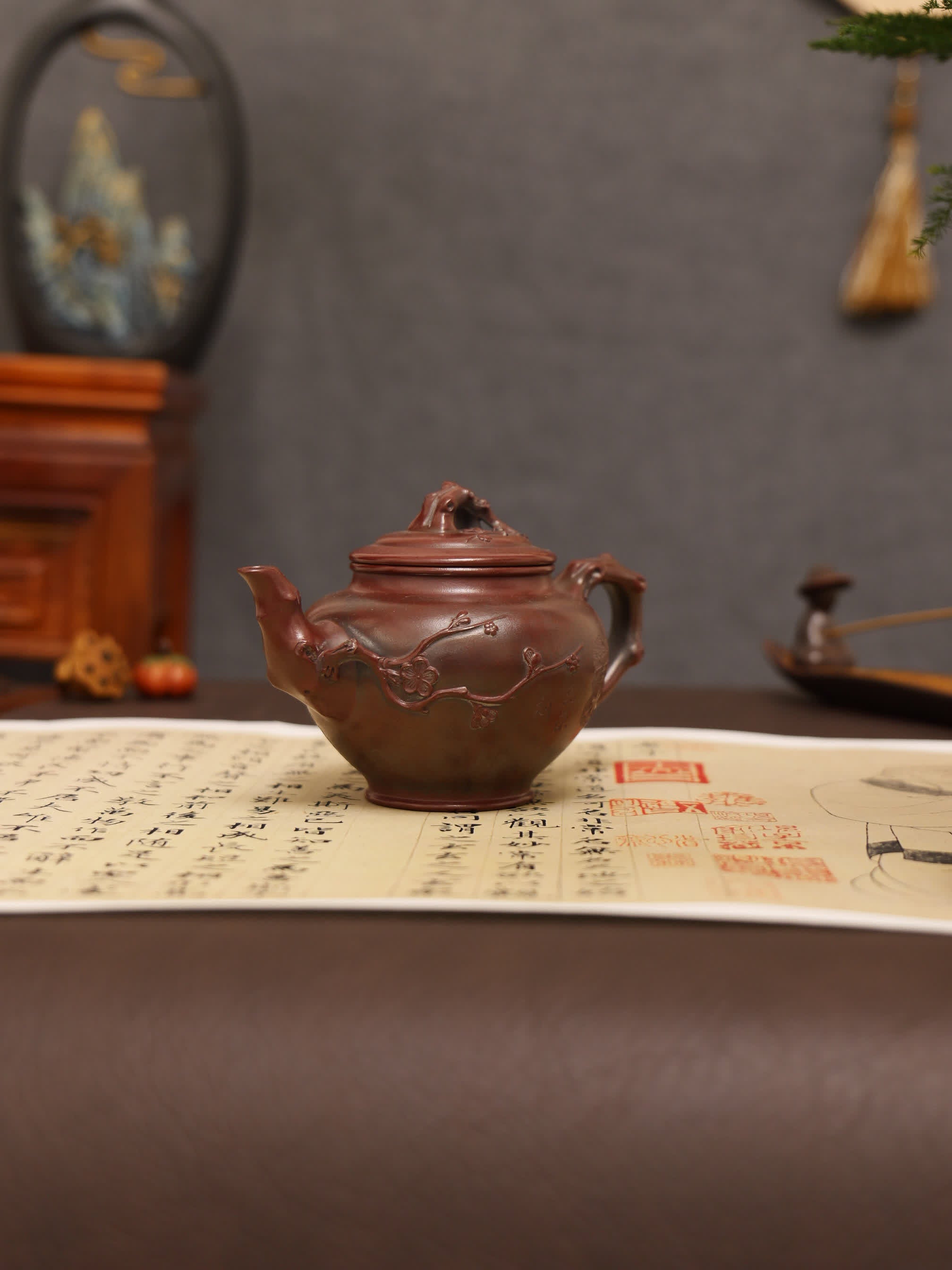 Landscape Carving & 'Highest Goodness' Inscription Fully Handmade Zijinsha-Purple Clay 'Plum Herald Spring' Yixing Teapot