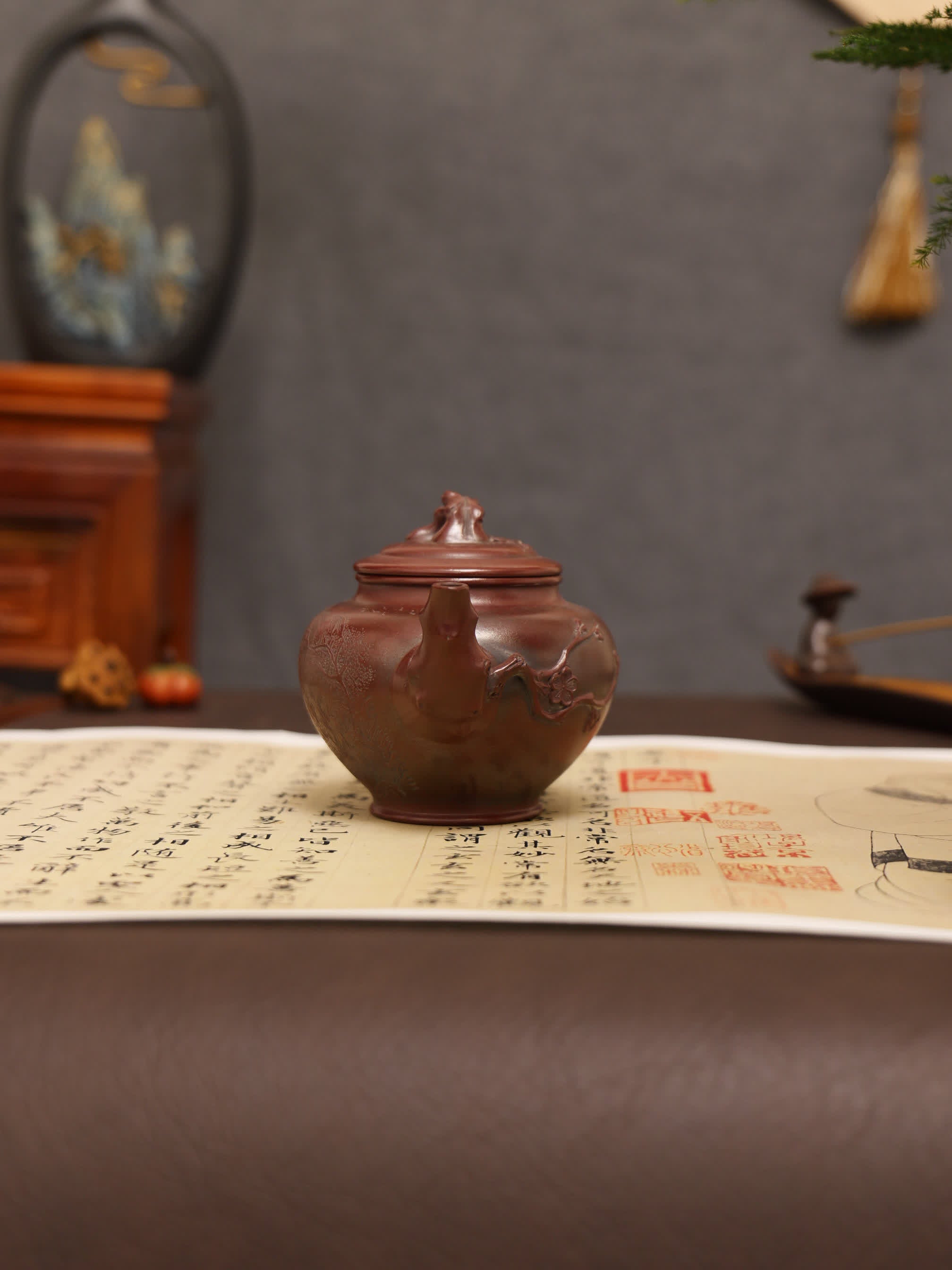 Landscape Carving & 'Highest Goodness' Inscription Fully Handmade Zijinsha-Purple Clay 'Plum Herald Spring' Yixing Teapot