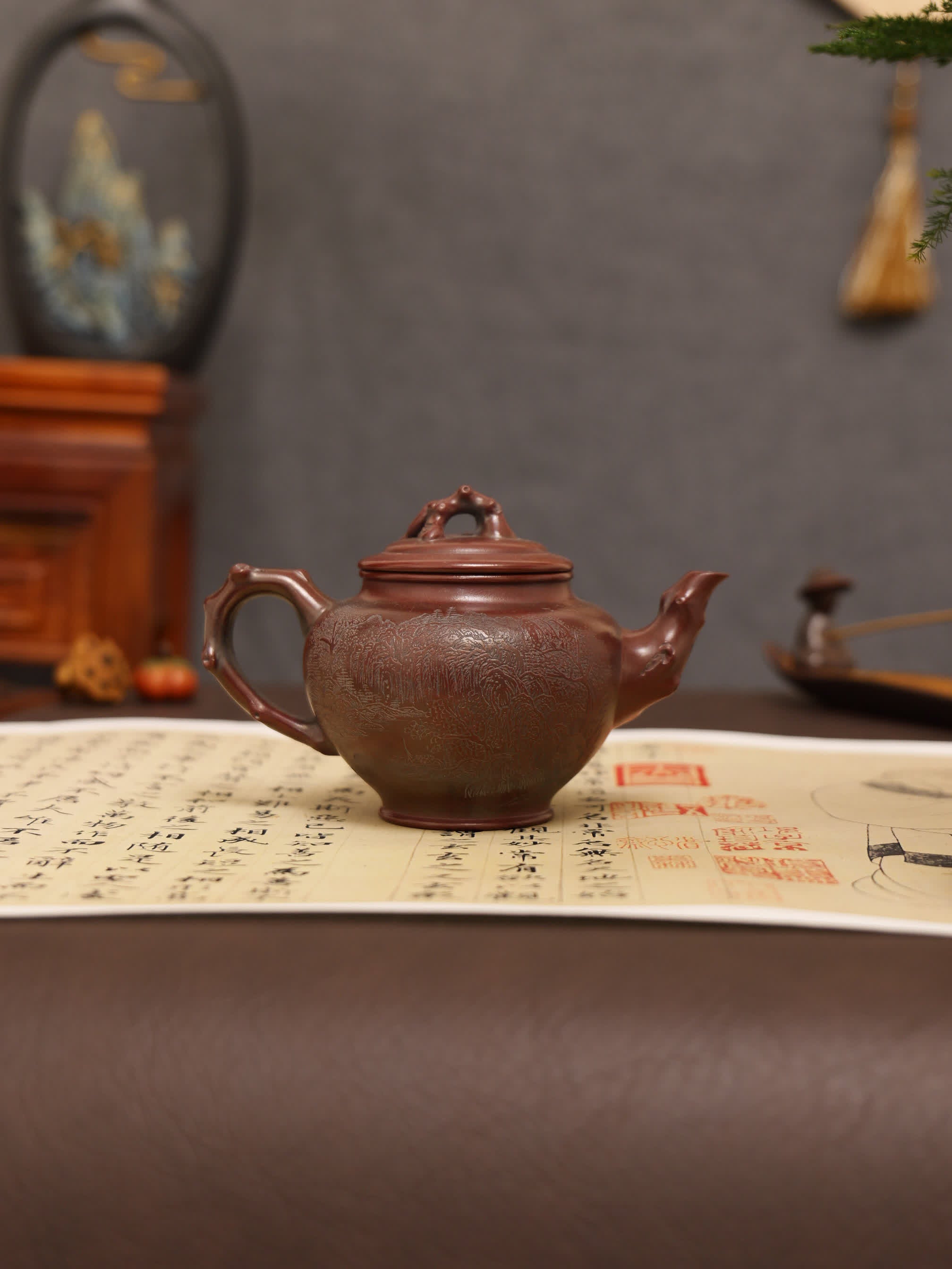 Landscape Carving & 'Highest Goodness' Inscription Fully Handmade Zijinsha-Purple Clay 'Plum Herald Spring' Yixing Teapot