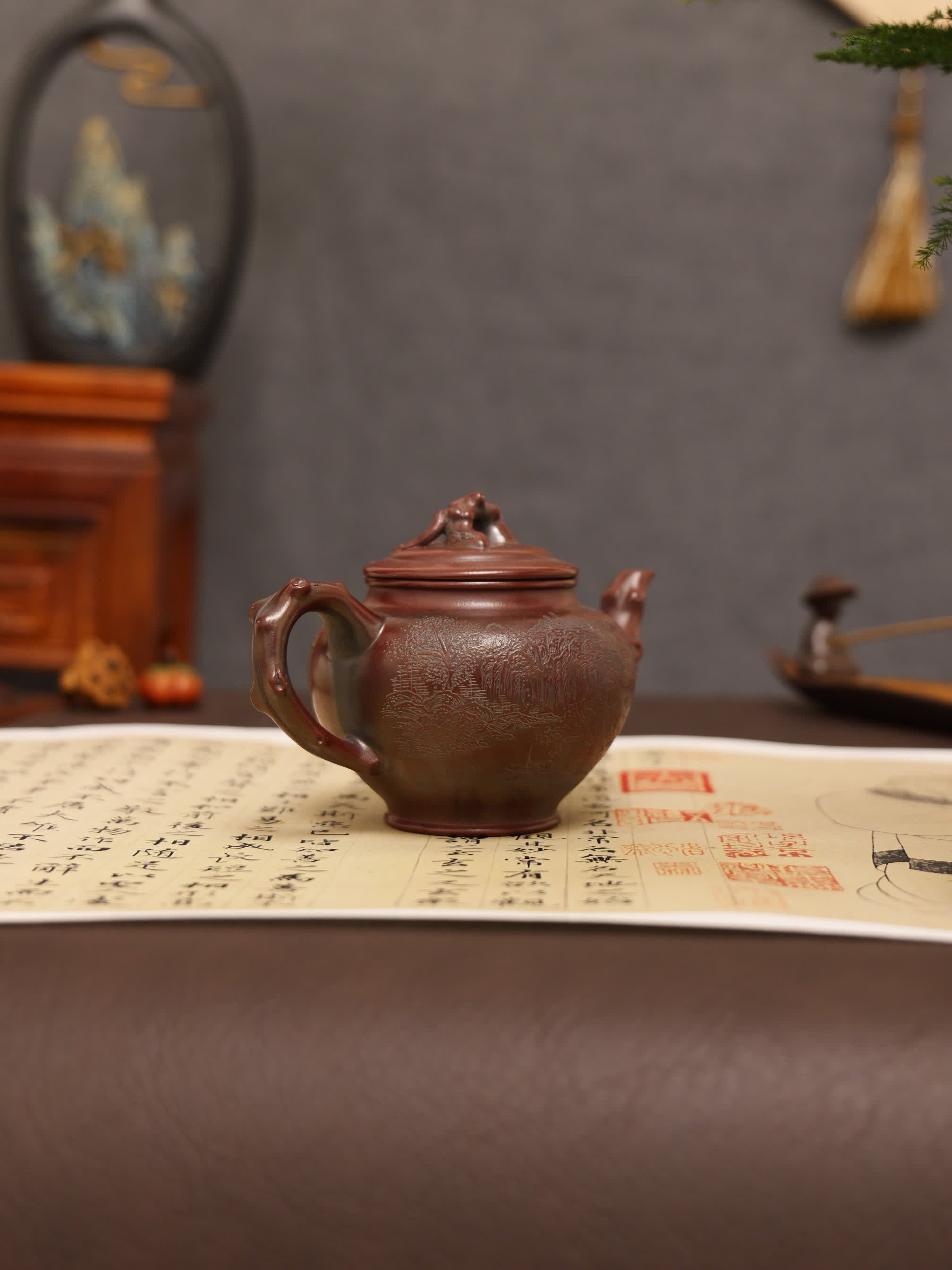 Landscape Carving & 'Highest Goodness' Inscription Fully Handmade Zijinsha-Purple Clay 'Plum Herald Spring' Yixing Teapot