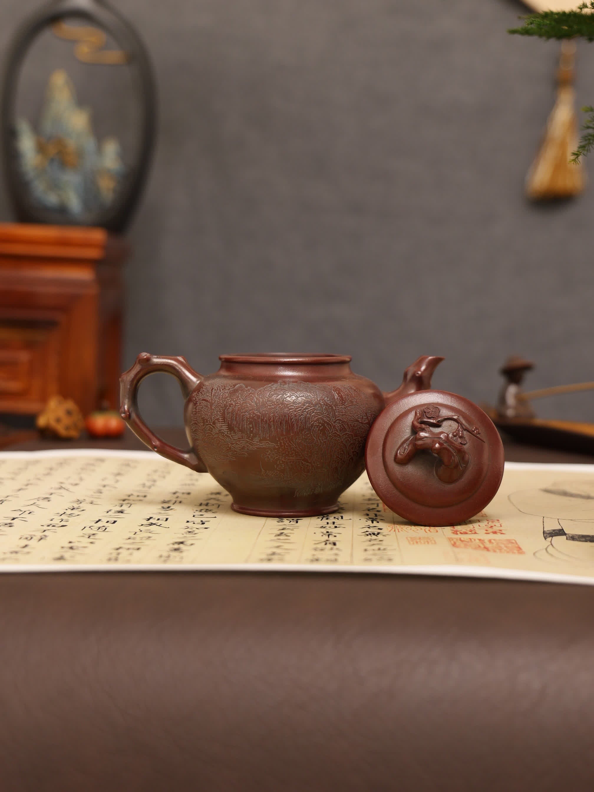 Landscape Carving & 'Highest Goodness' Inscription Fully Handmade Zijinsha-Purple Clay 'Plum Herald Spring' Yixing Teapot