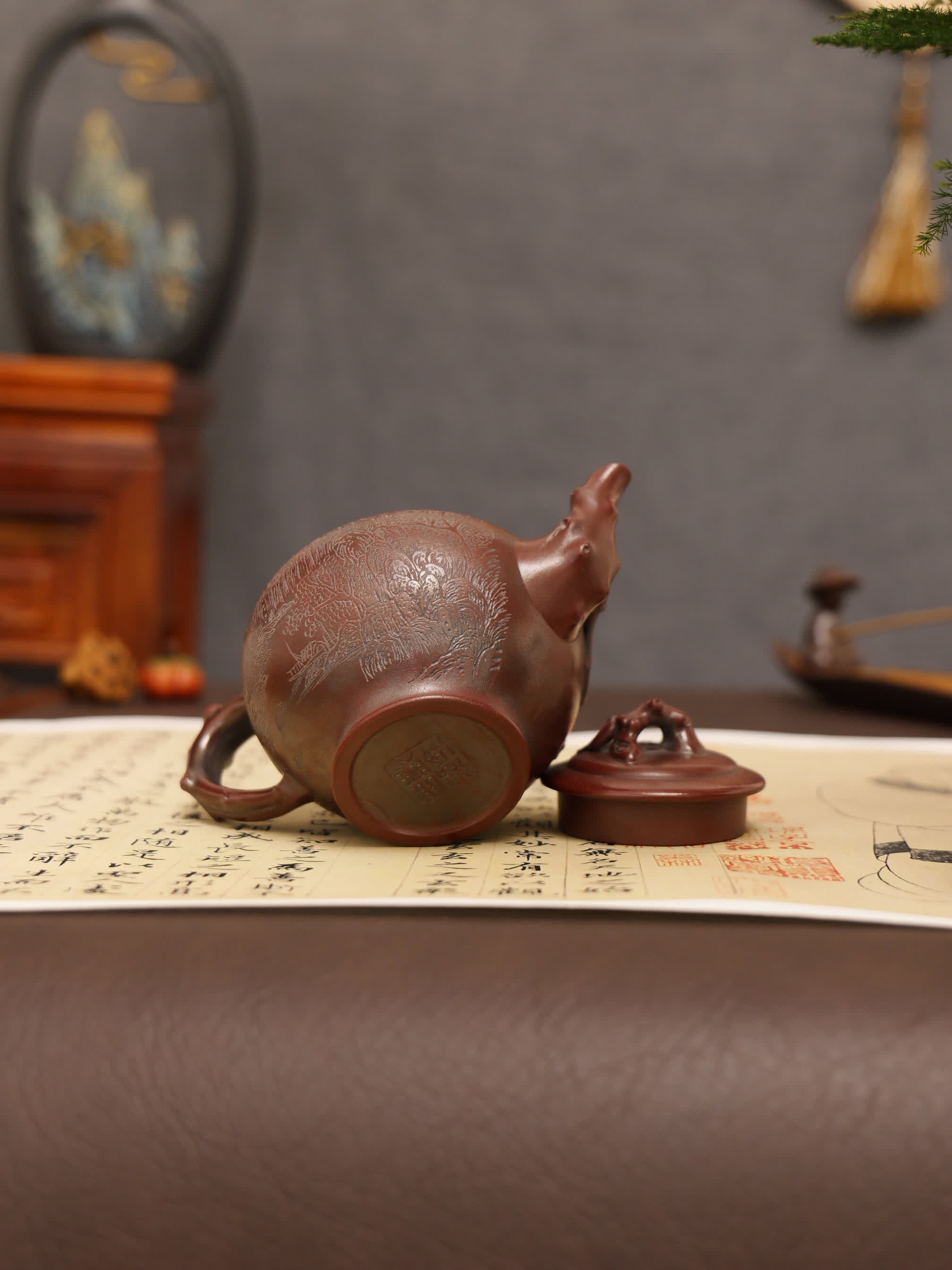 Landscape Carving & 'Highest Goodness' Inscription Fully Handmade Zijinsha-Purple Clay 'Plum Herald Spring' Yixing Teapot