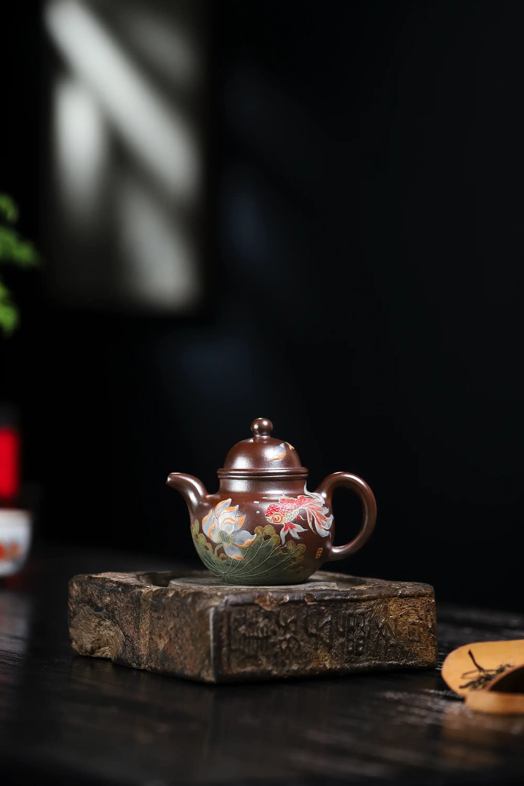Lotus & Goldfish Painting Fully Handmade Tianqing-Purple Clay 'Cluster Ball' Yixing Teapot