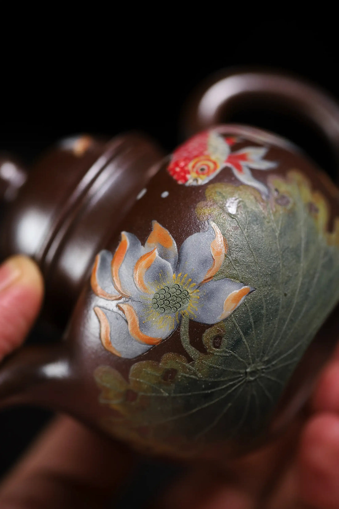 Lotus & Goldfish Painting Fully Handmade Tianqing-Purple Clay 'Cluster Ball' Yixing Teapot