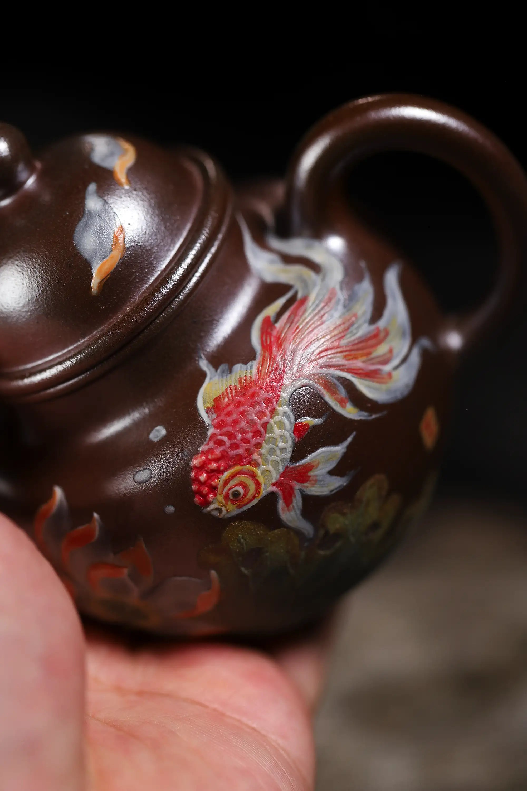 Lotus & Goldfish Painting Fully Handmade Tianqing-Purple Clay 'Cluster Ball' Yixing Teapot