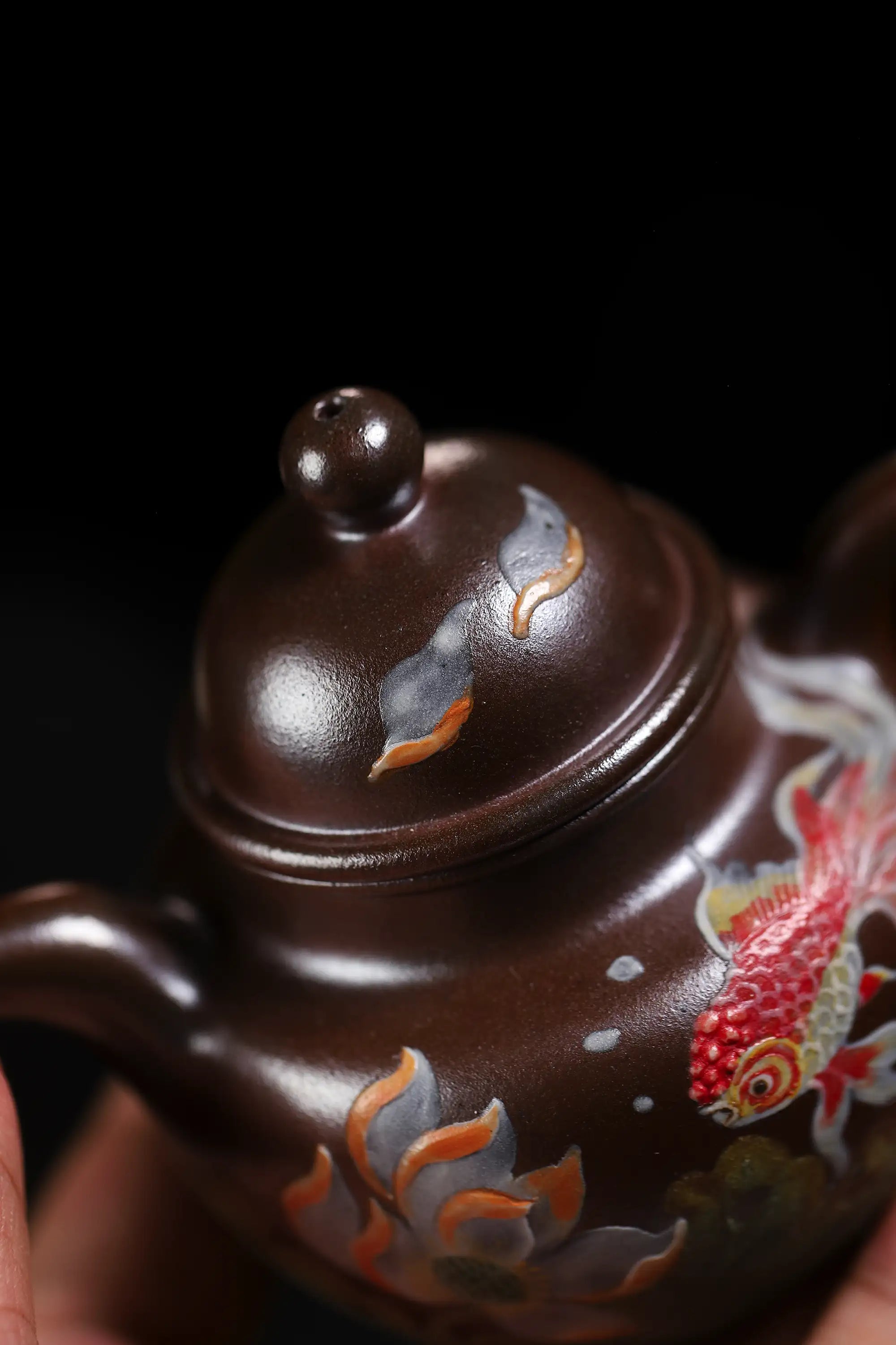 Lotus & Goldfish Painting Fully Handmade Tianqing-Purple Clay 'Cluster Ball' Yixing Teapot