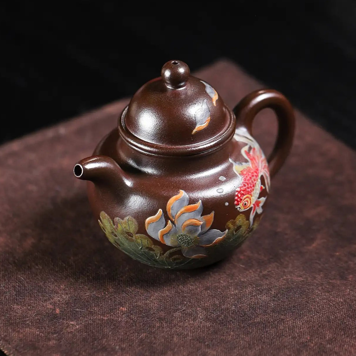 Lotus & Goldfish Painting Fully Handmade Tianqing-Purple Clay 'Cluster Ball' Yixing Teapot