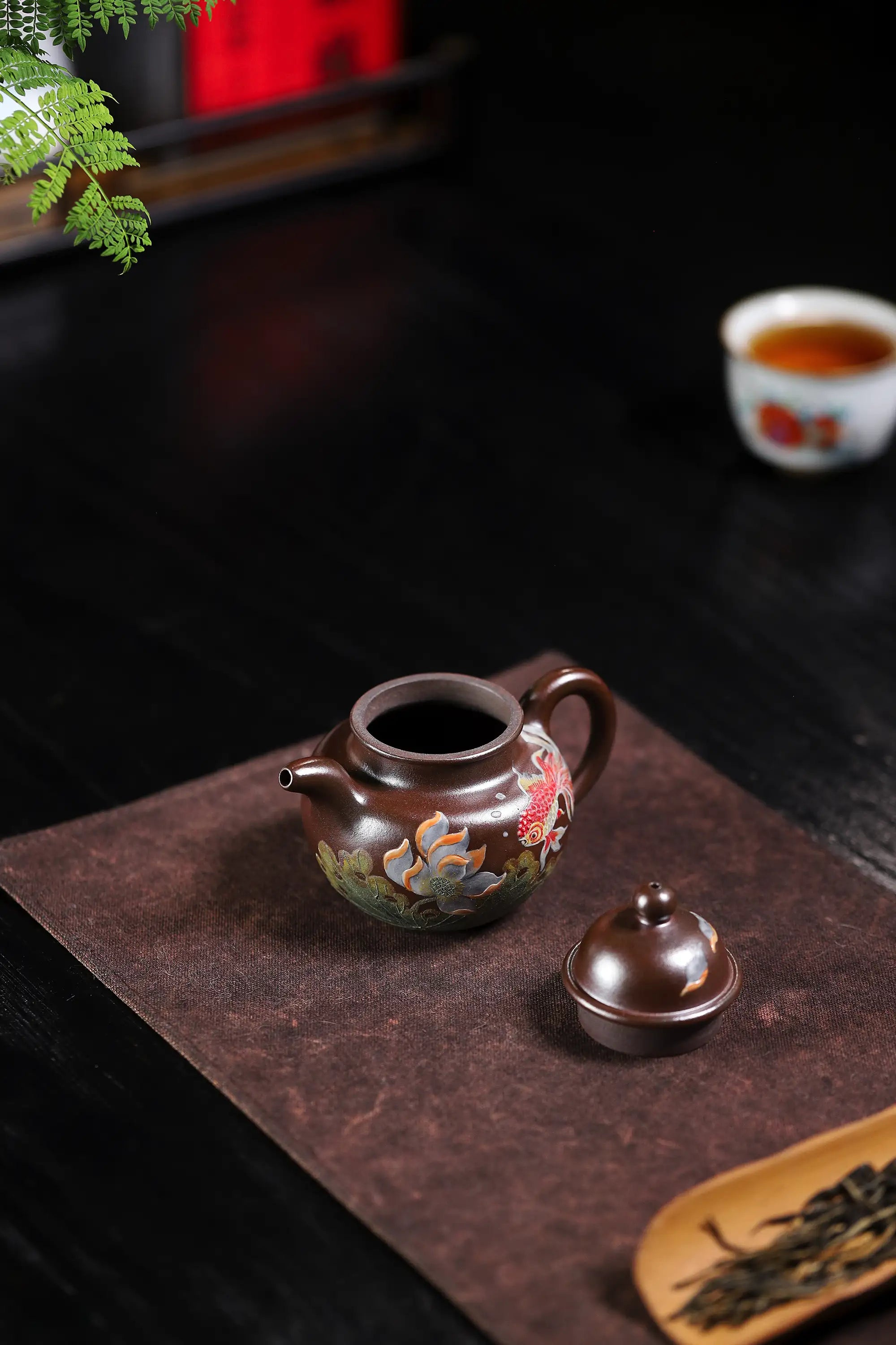 Lotus & Goldfish Painting Fully Handmade Tianqing-Purple Clay 'Cluster Ball' Yixing Teapot