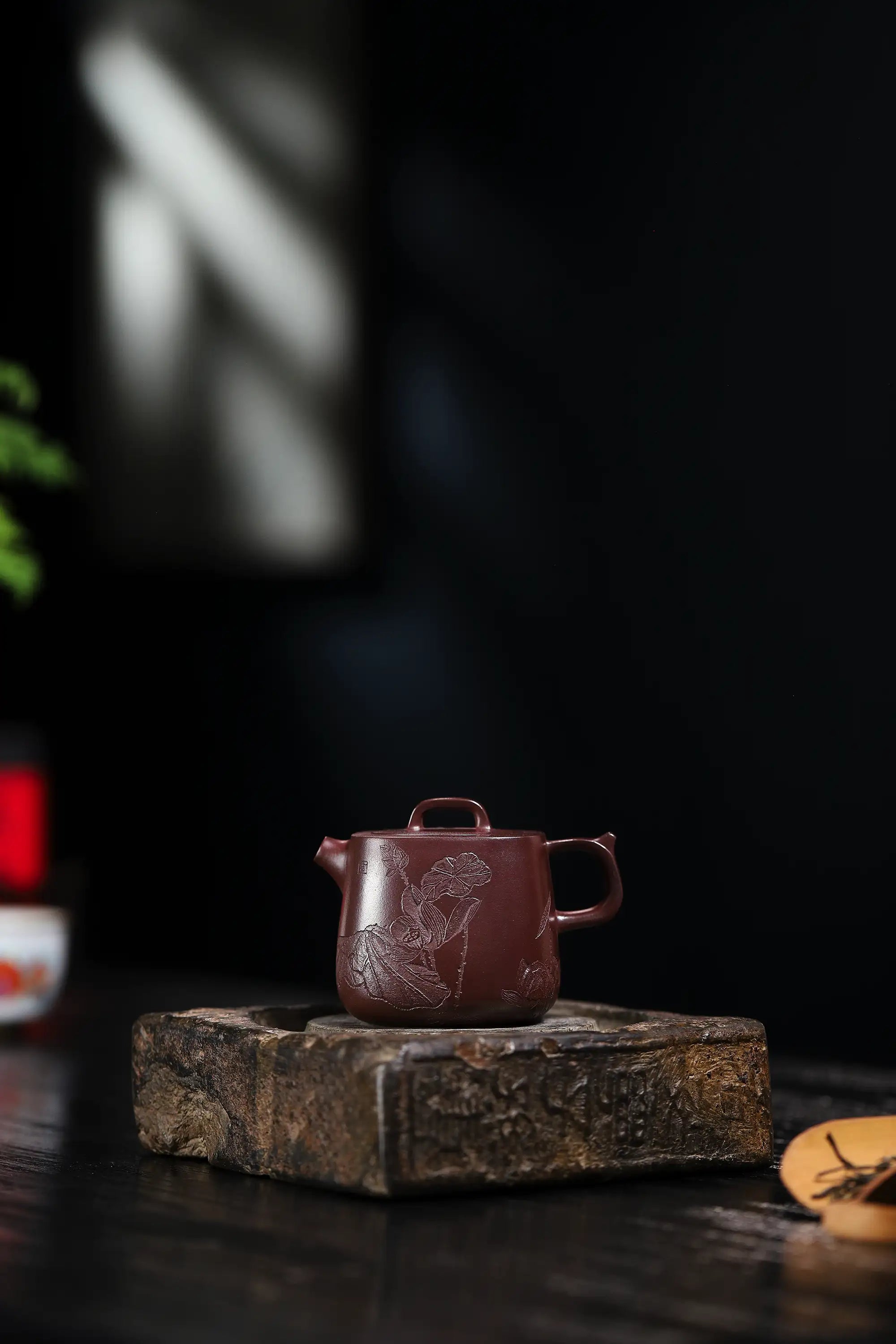 Lotus & Leaf Carving Fully Handmade Dragon Blood-Purple Clay 'Mixed Square Well Curb' Yixing Teapot