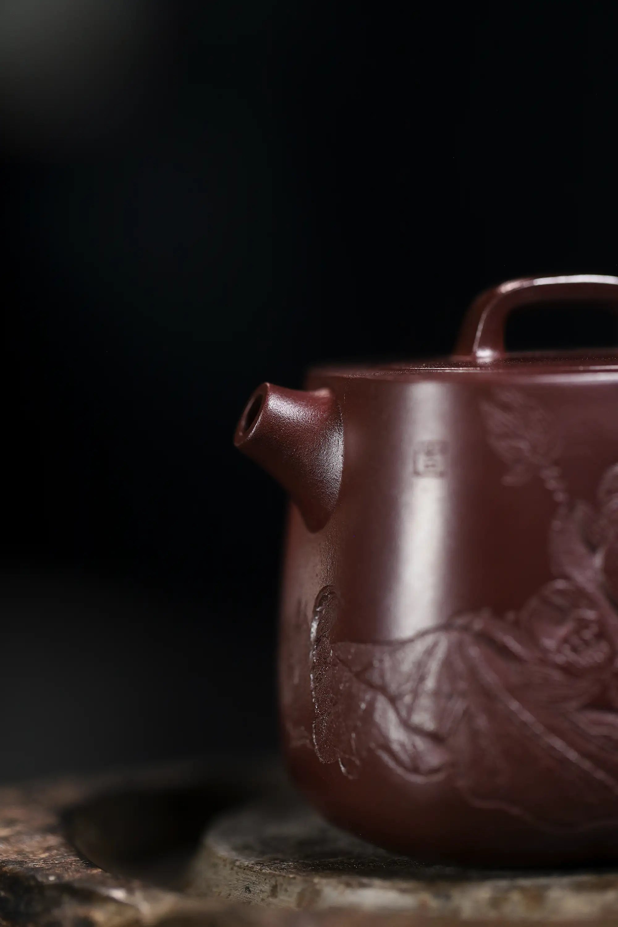 Lotus & Leaf Carving Fully Handmade Dragon Blood-Purple Clay 'Mixed Square Well Curb' Yixing Teapot