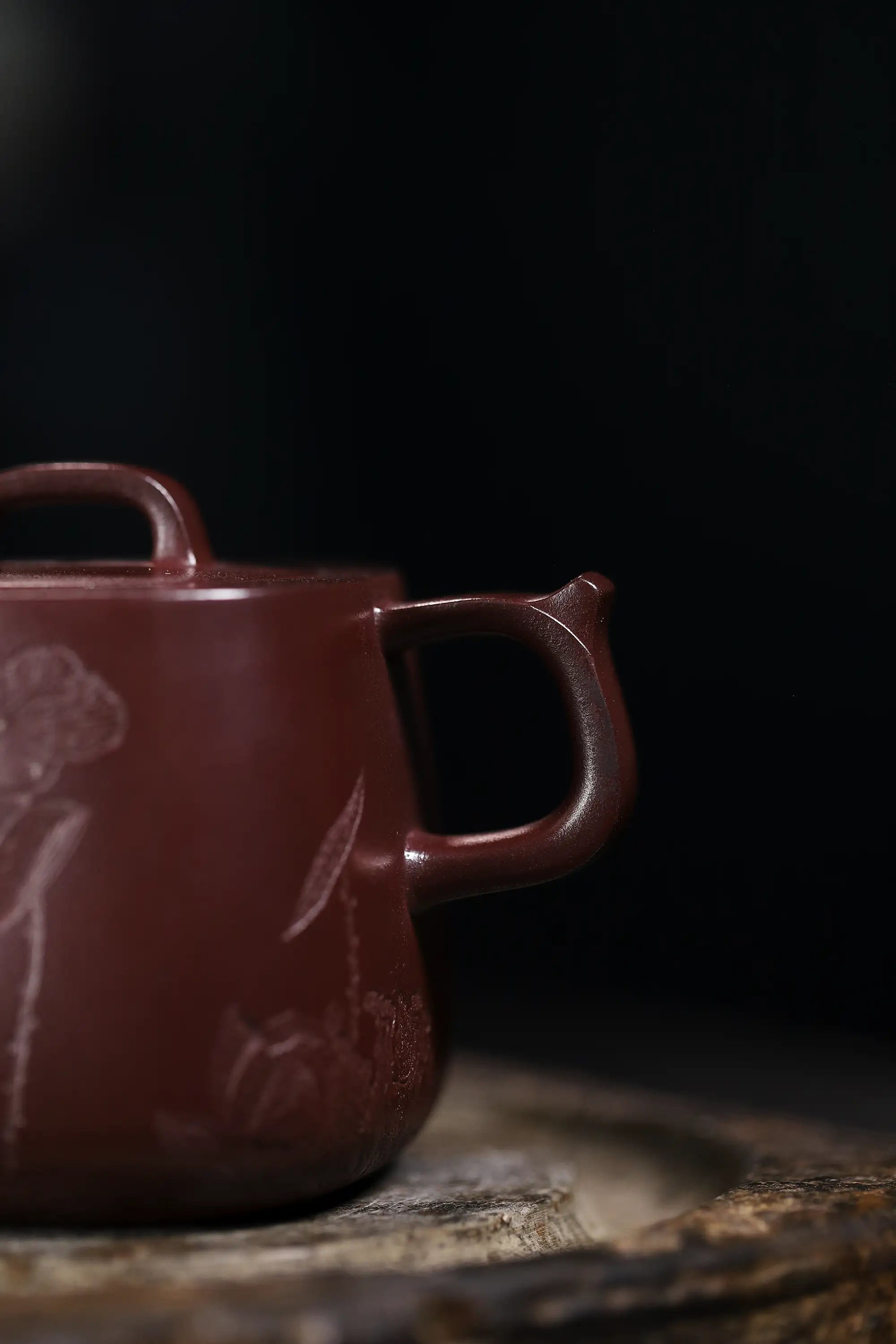 Lotus & Leaf Carving Fully Handmade Dragon Blood-Purple Clay 'Mixed Square Well Curb' Yixing Teapot
