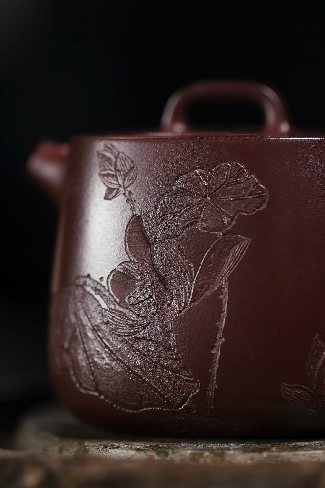 Lotus & Leaf Carving Fully Handmade Dragon Blood-Purple Clay 'Mixed Square Well Curb' Yixing Teapot