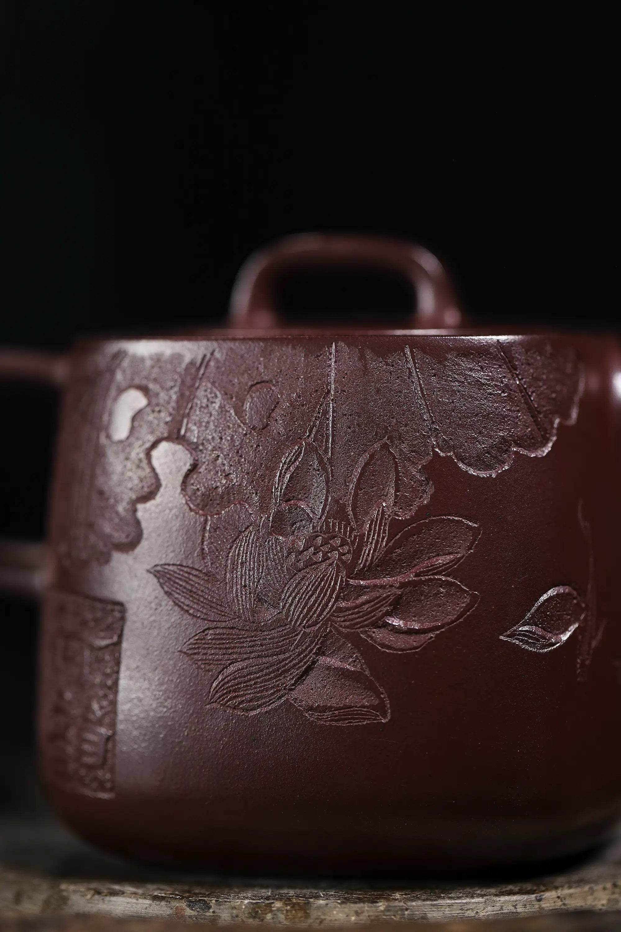 Lotus & Leaf Carving Fully Handmade Dragon Blood-Purple Clay 'Mixed Square Well Curb' Yixing Teapot