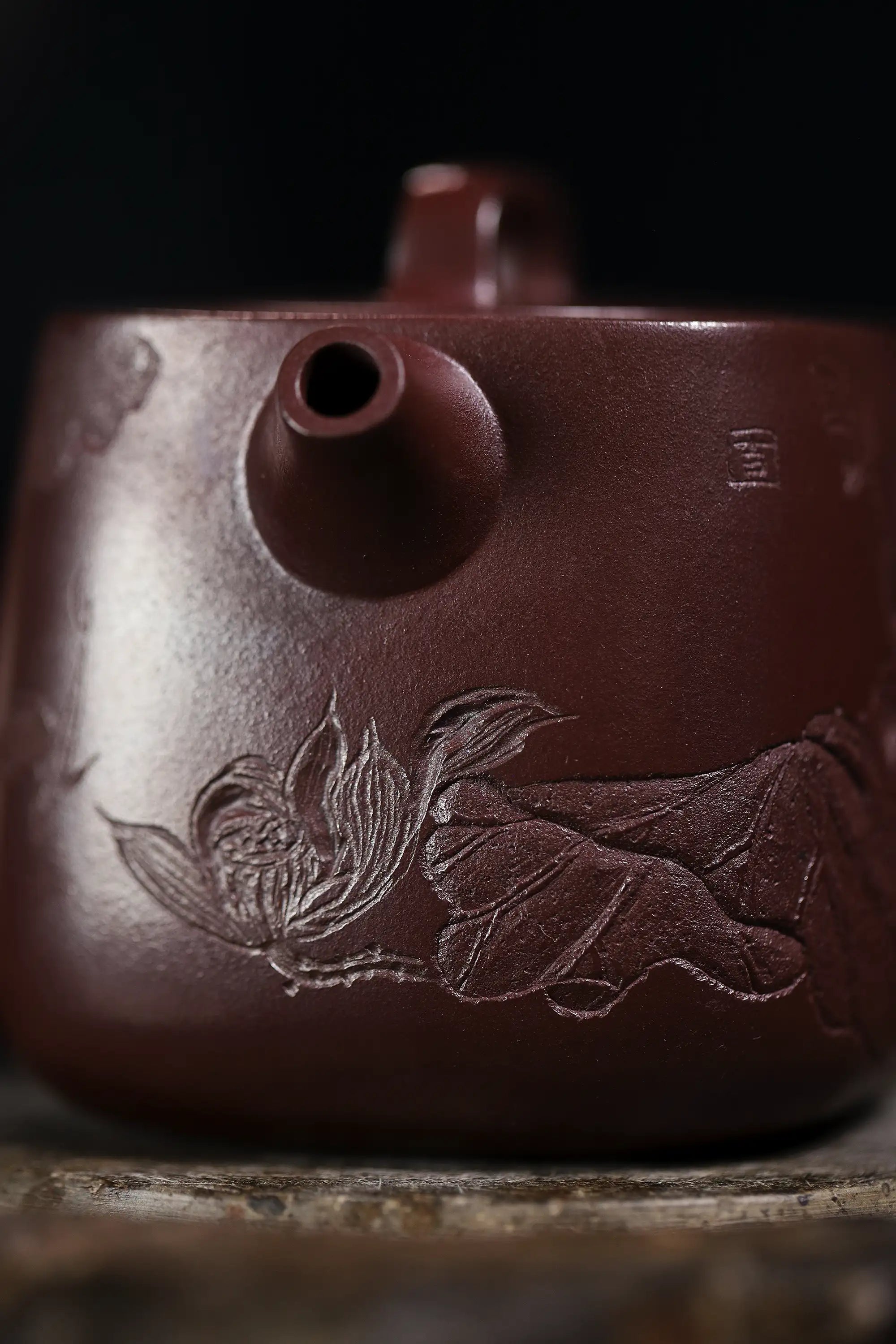 Lotus & Leaf Carving Fully Handmade Dragon Blood-Purple Clay 'Mixed Square Well Curb' Yixing Teapot
