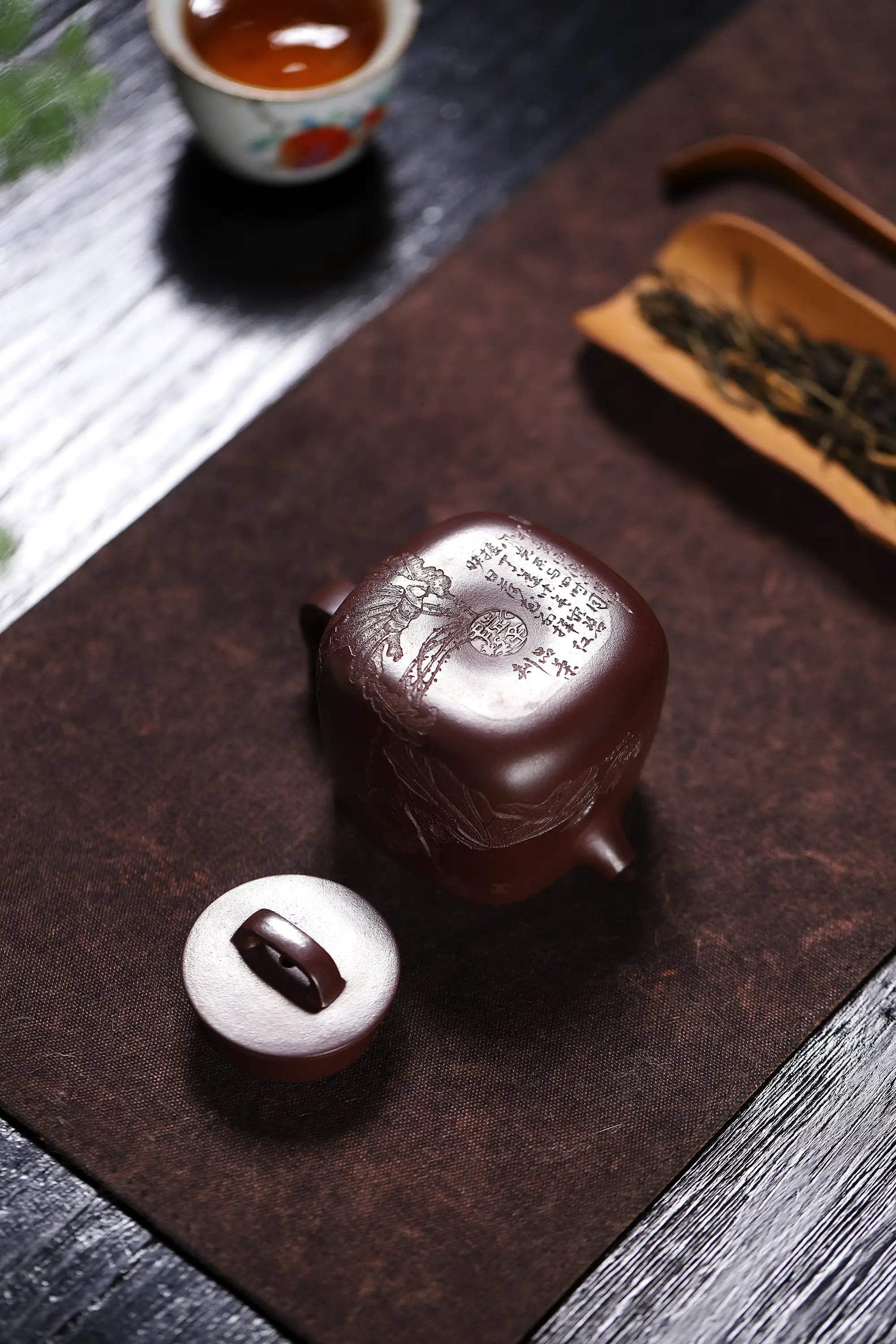 Lotus & Leaf Carving Fully Handmade Dragon Blood-Purple Clay 'Mixed Square Well Curb' Yixing Teapot