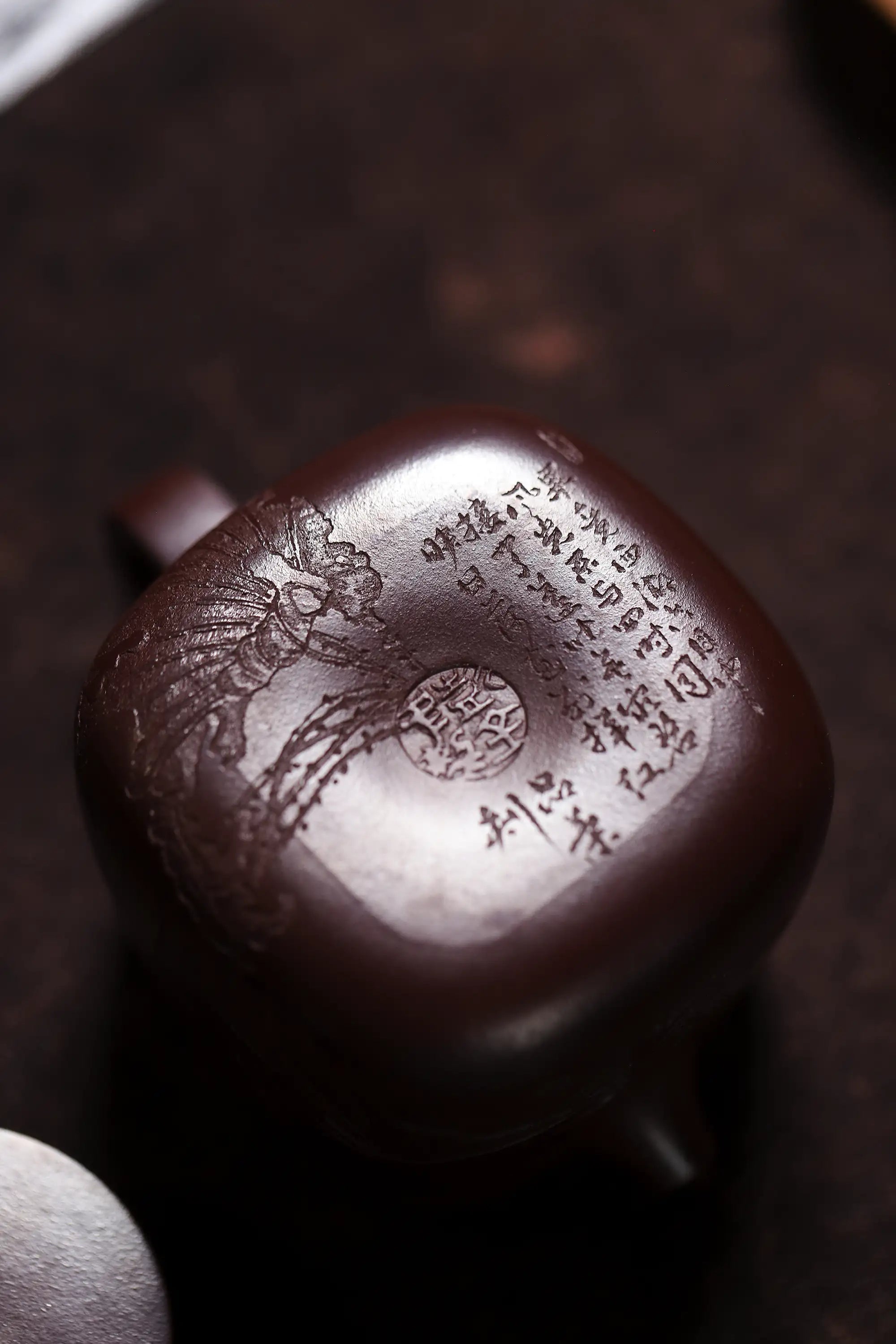 Lotus & Leaf Carving Fully Handmade Dragon Blood-Purple Clay 'Mixed Square Well Curb' Yixing Teapot