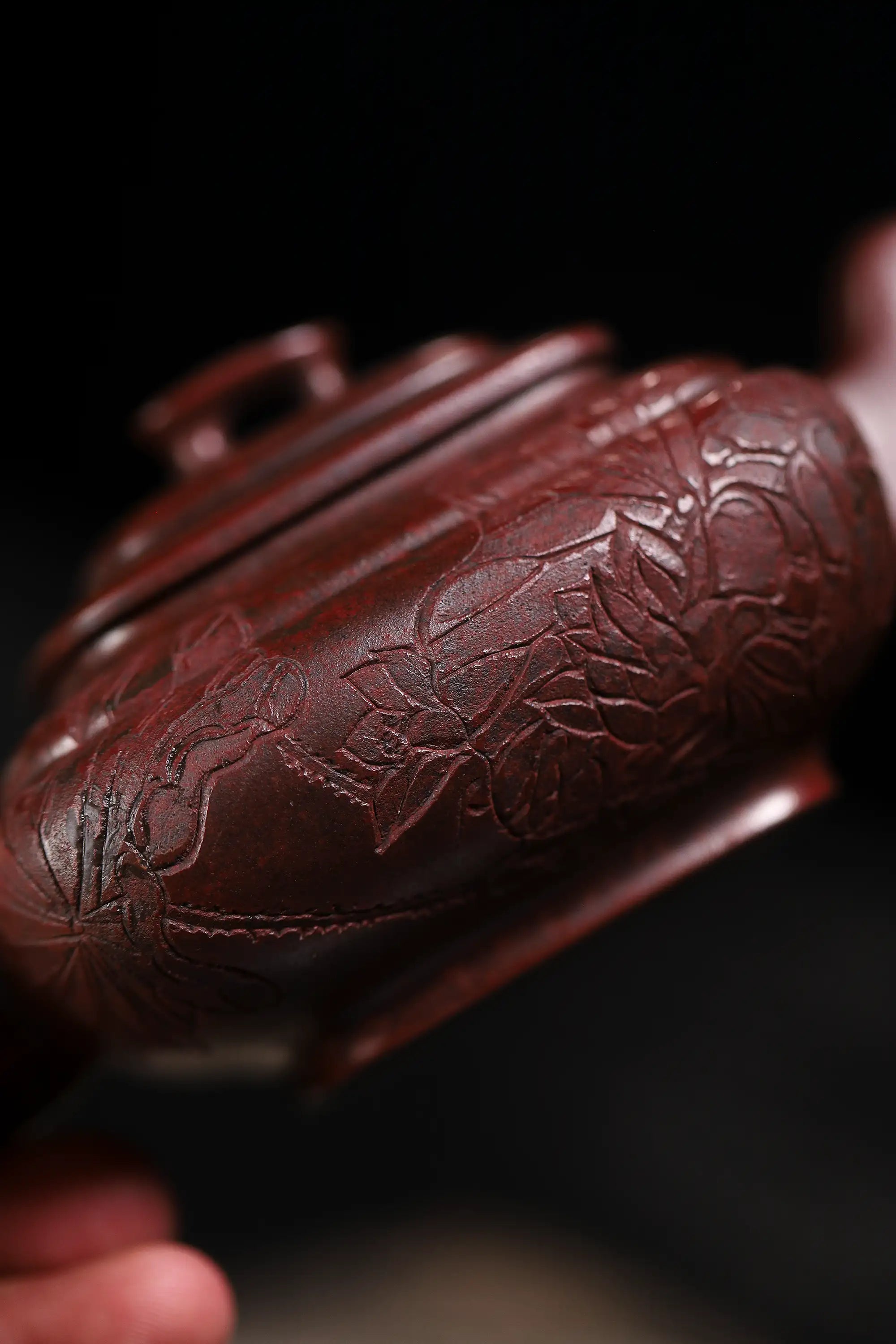 Lotus & Leaf Carving Fully Handmade Zijinsha-Purple Clay 'Shang Xin Qiao Square' Yixing Teapot