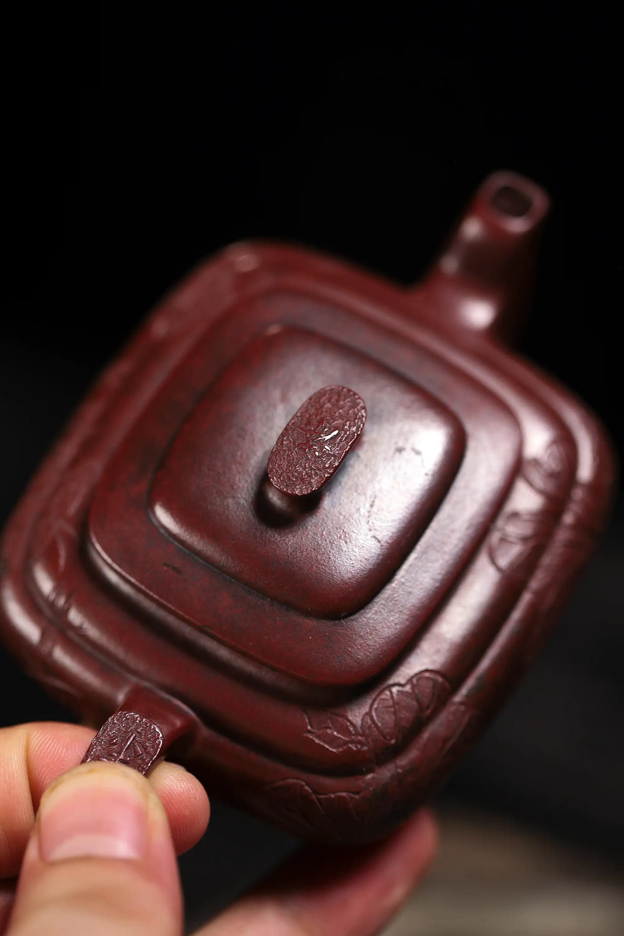 Lotus & Leaf Carving Fully Handmade Zijinsha-Purple Clay 'Shang Xin Qiao Square' Yixing Teapot