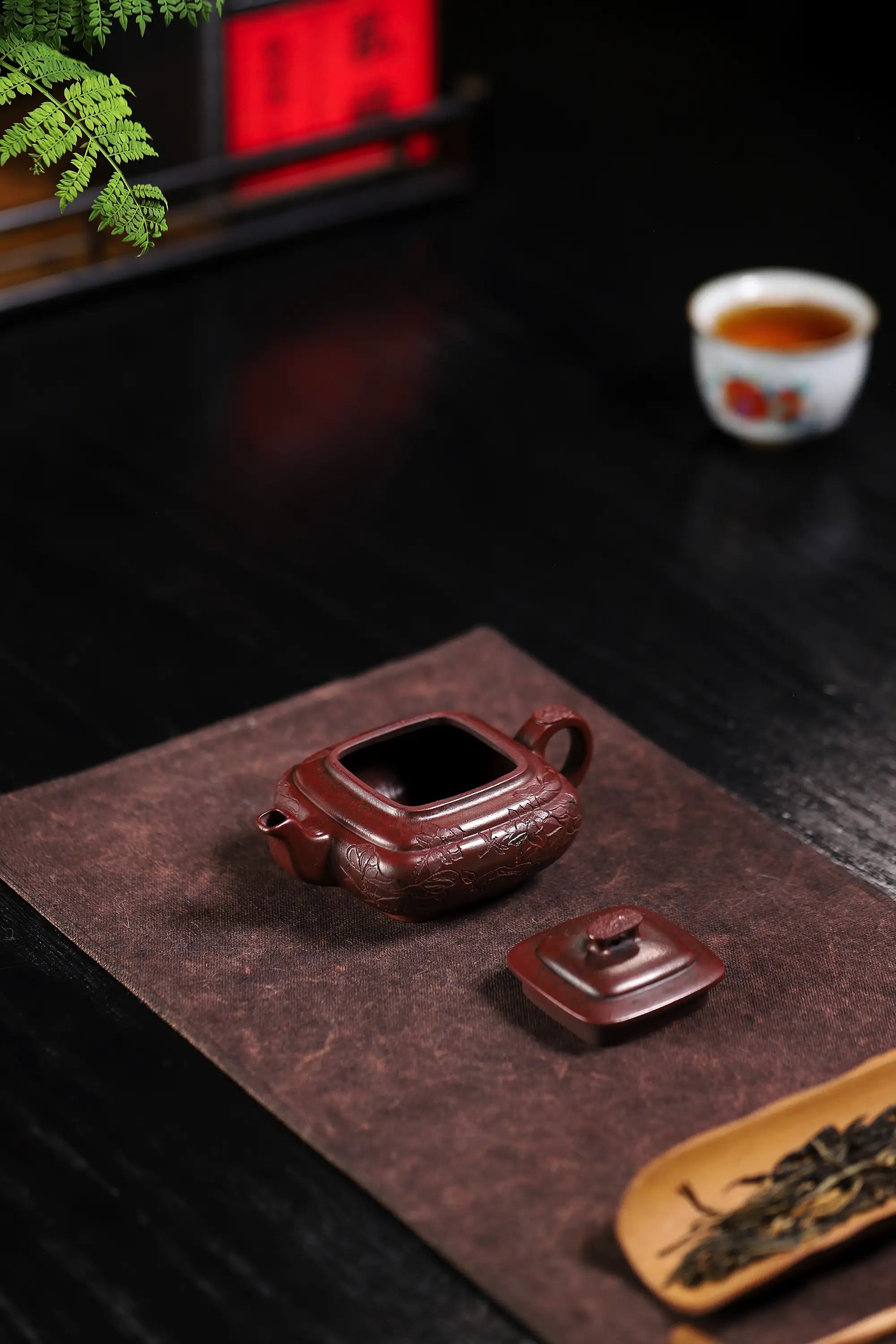 Lotus & Leaf Carving Fully Handmade Zijinsha-Purple Clay 'Shang Xin Qiao Square' Yixing Teapot