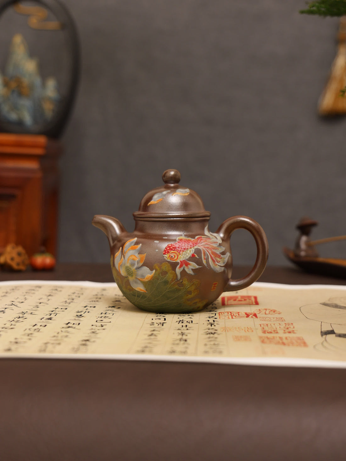 Lotus & Goldfish Painting Fully Handmade Tianqing-Purple Clay 'Cluster Ball' Yixing Teapot