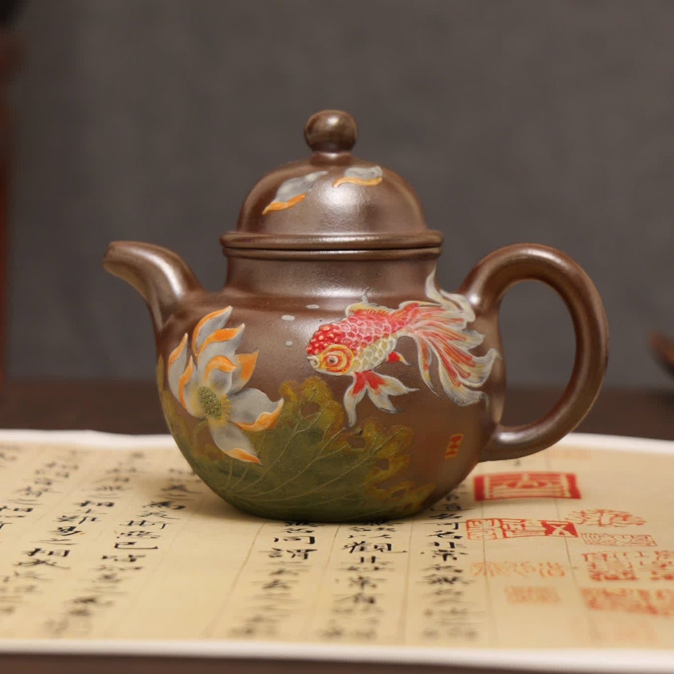 Lotus & Goldfish Painting Fully Handmade Tianqing-Purple Clay 'Cluster Ball' Yixing Teapot