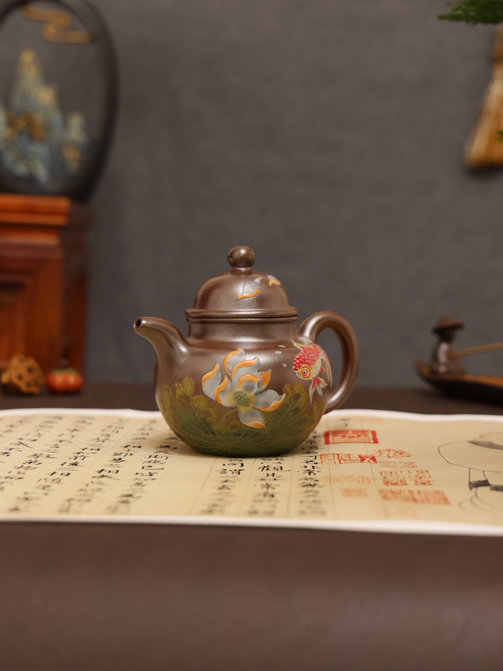 Lotus & Goldfish Painting Fully Handmade Tianqing-Purple Clay 'Cluster Ball' Yixing Teapot