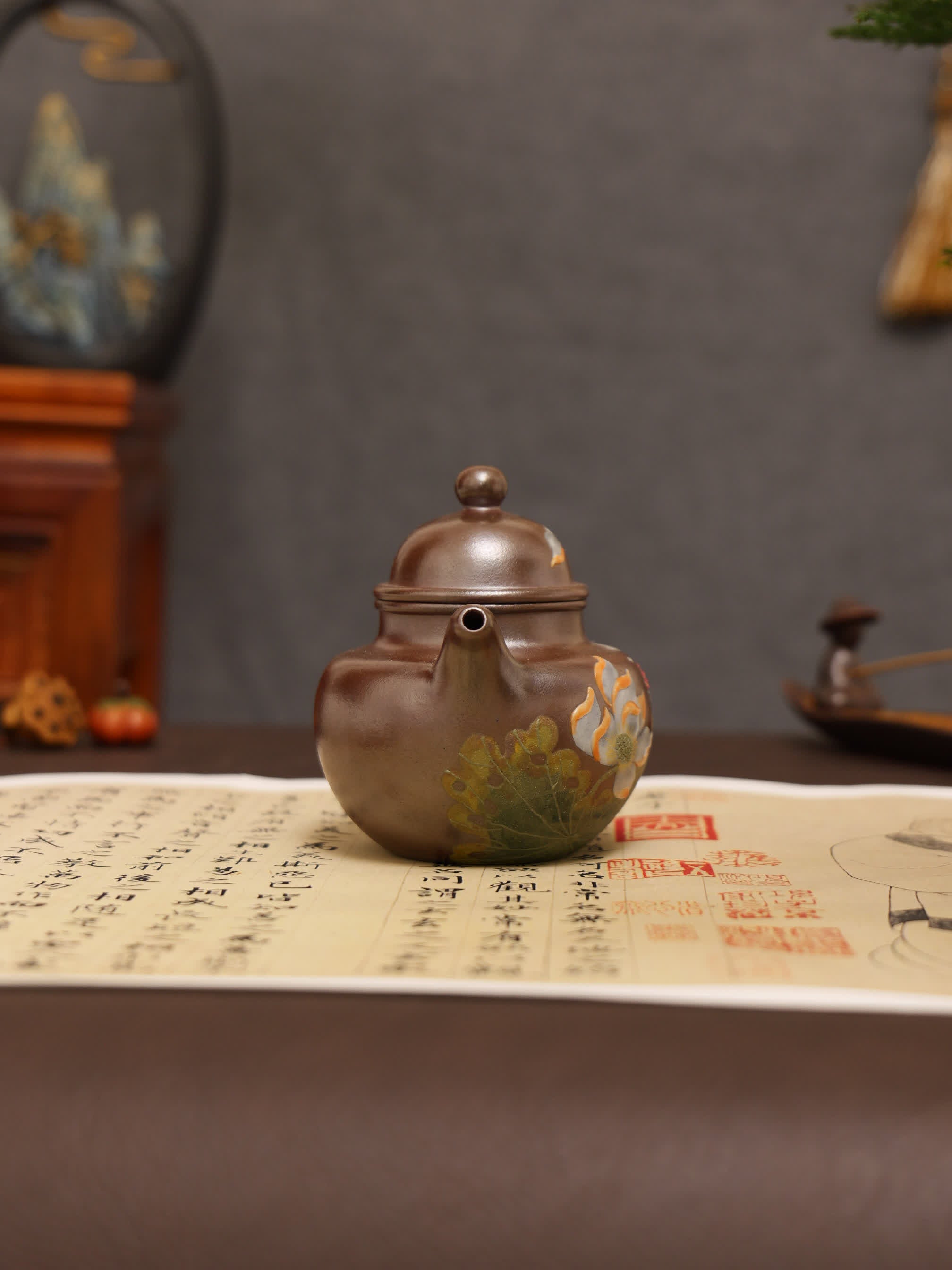 Lotus & Goldfish Painting Fully Handmade Tianqing-Purple Clay 'Cluster Ball' Yixing Teapot