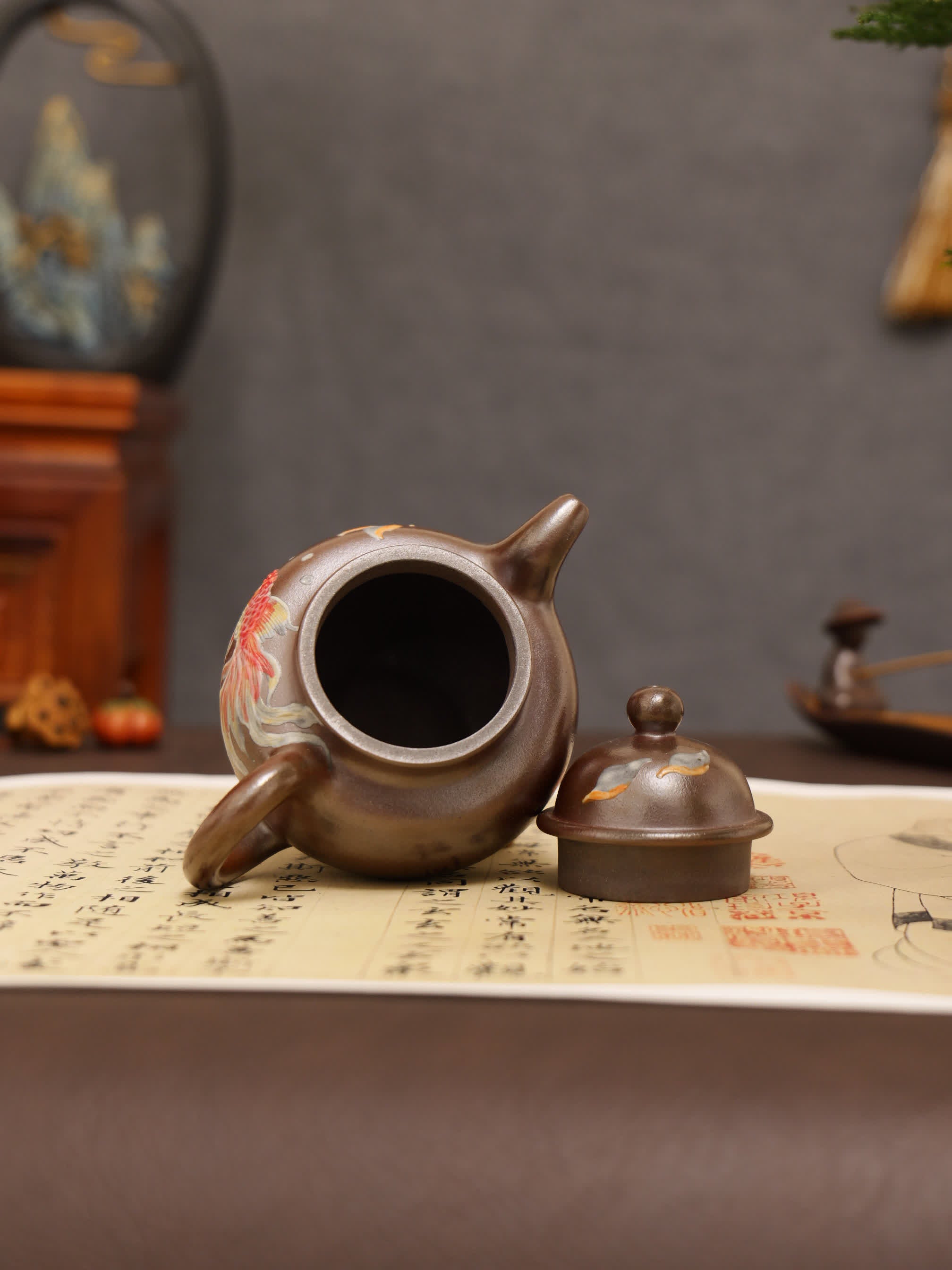 Lotus & Goldfish Painting Fully Handmade Tianqing-Purple Clay 'Cluster Ball' Yixing Teapot