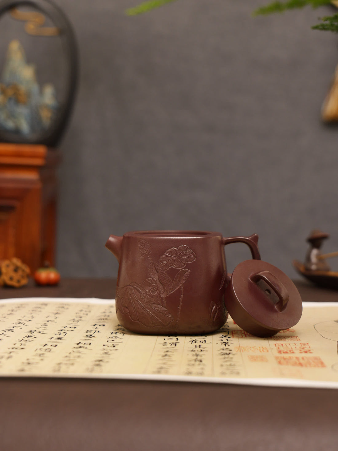 Lotus & Leaf Carving Fully Handmade Dragon Blood-Purple Clay 'Mixed Square Well Curb' Yixing Teapot