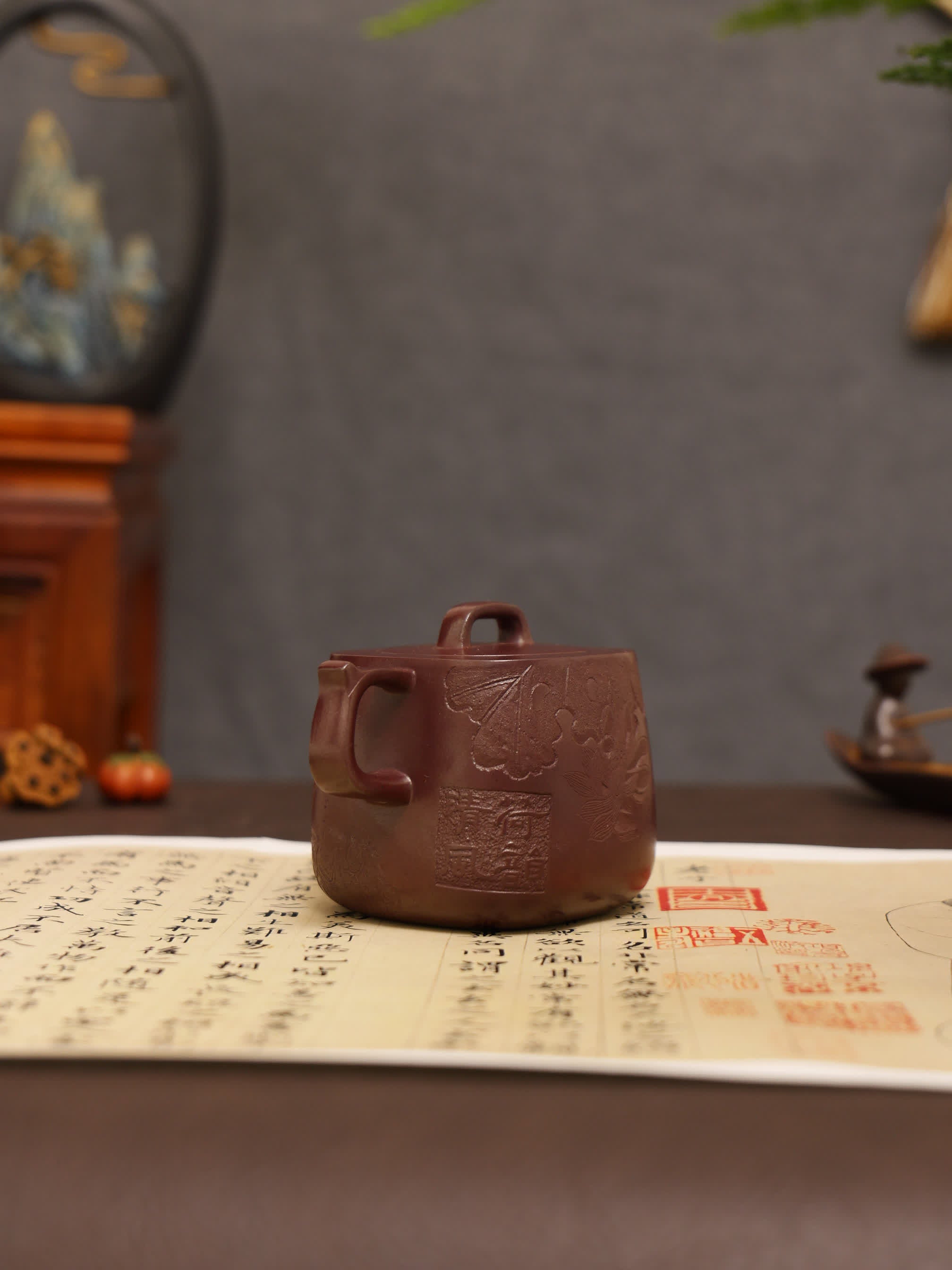 Lotus & Leaf Carving Fully Handmade Dragon Blood-Purple Clay 'Mixed Square Well Curb' Yixing Teapot
