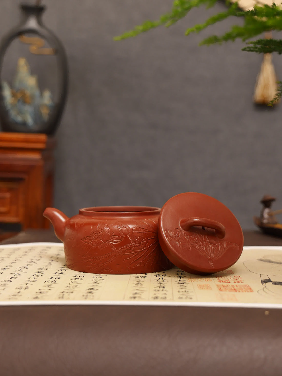 Lotus & Leaf Carving Fully Handmade Zhu Ni 'Flat-lid Hanwa' Yixing Teapot