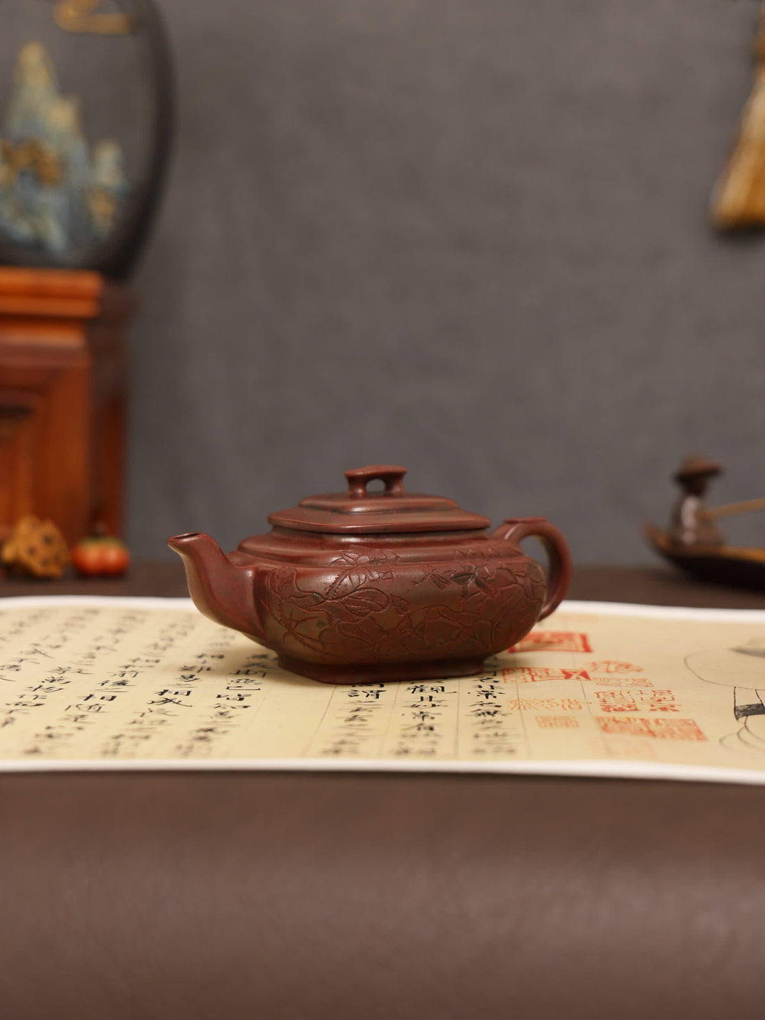Lotus & Leaf Carving Fully Handmade Zijinsha-Purple Clay 'Shang Xin Qiao Square' Yixing Teapot