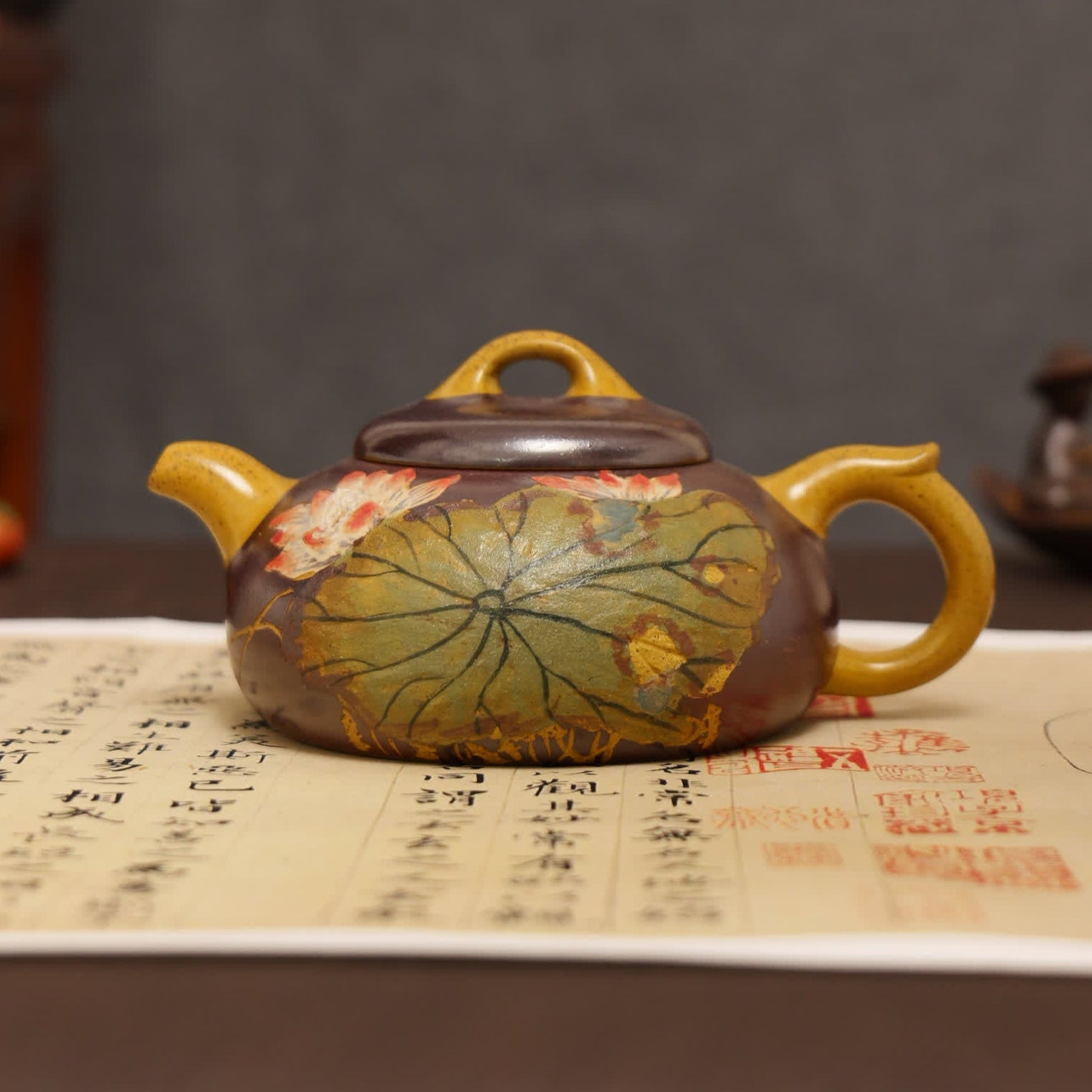 Lotus & Leaf Powder-Decoration Fully Handmade Duan Clay 'Half-Moon' Yixing Teapot